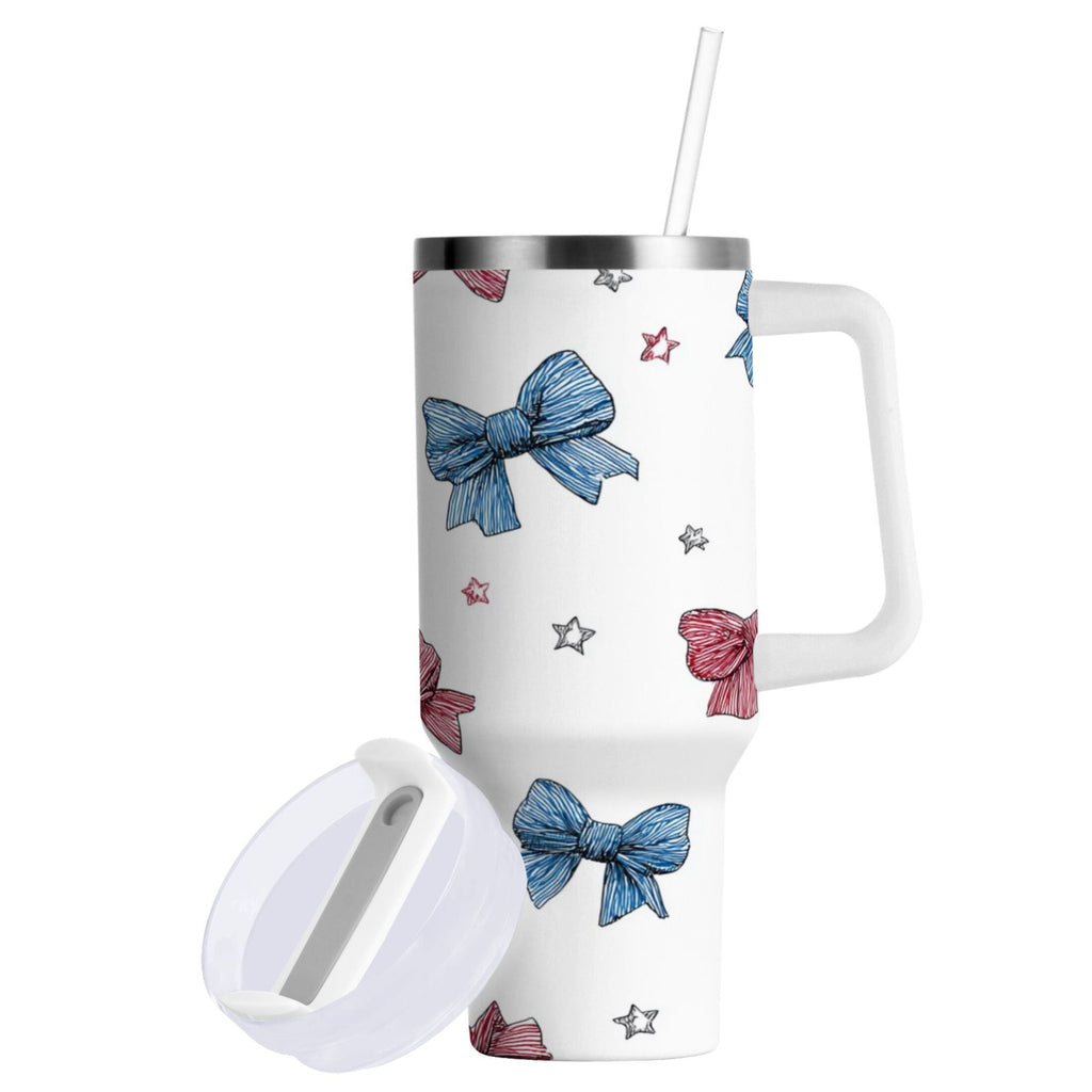 40 oz Insulated Stainless Steel Tumbler Double Wall Stainless Steel Tumbler with 2-Way Drinking Red and Blue Stripes Bows XWL1