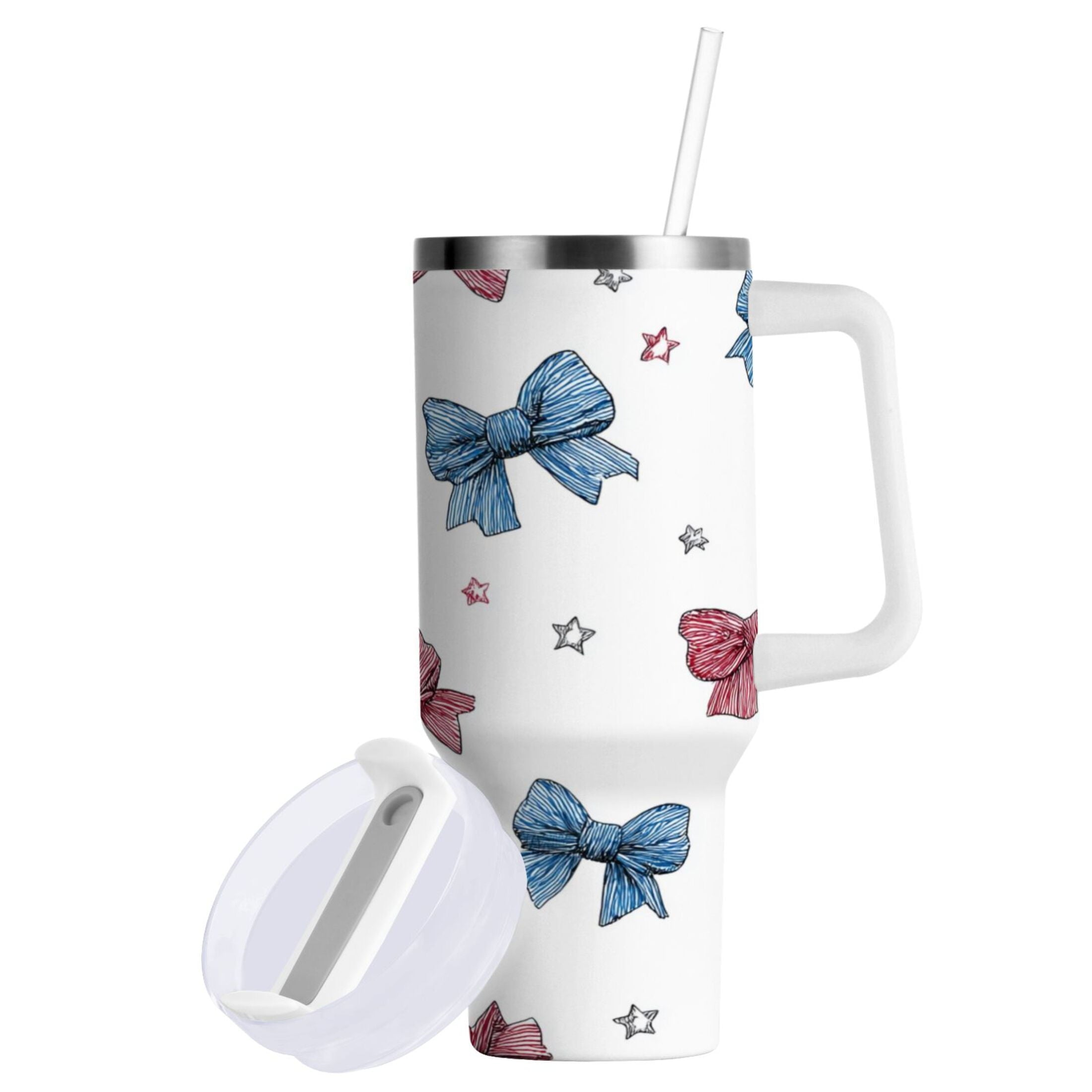 40 oz Insulated Stainless Steel Tumbler Double Wall Stainless Steel Tumbler with 2-Way Drinking Red and Blue Stripes Bows XWL1