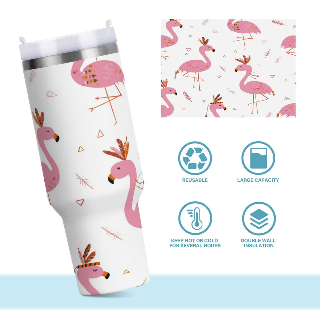 40 oz Insulated Stainless Steel Tumbler Double Wall Stainless Steel Tumbler with 2-Way Drinking Cute Pink Flamingo Pattern R33A