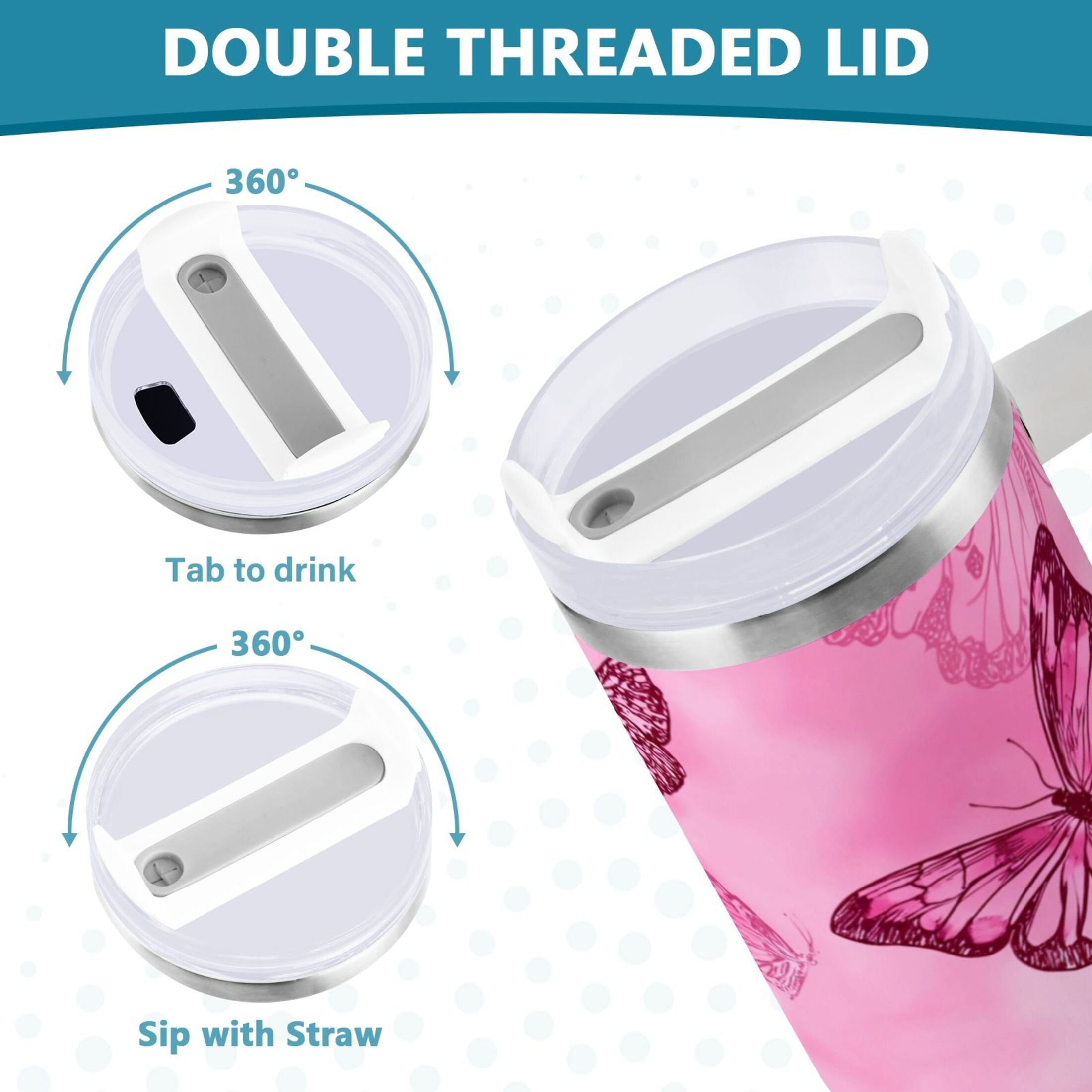 40 oz Insulated Stainless Steel Tumbler Double Wall Stainless Steel Tumbler with 2-Way Drinking Pink Butterfly Pattern SLZ4