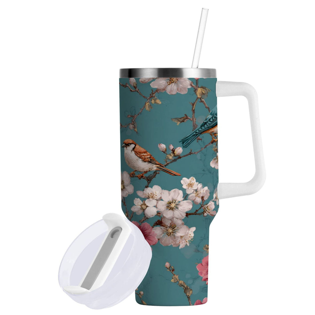 30 oz Insulated Stainless Steel Tumbler Double Wall Stainless Steel Tumbler with 2-Way Drinking Birds and Cherry Pattern S3GK