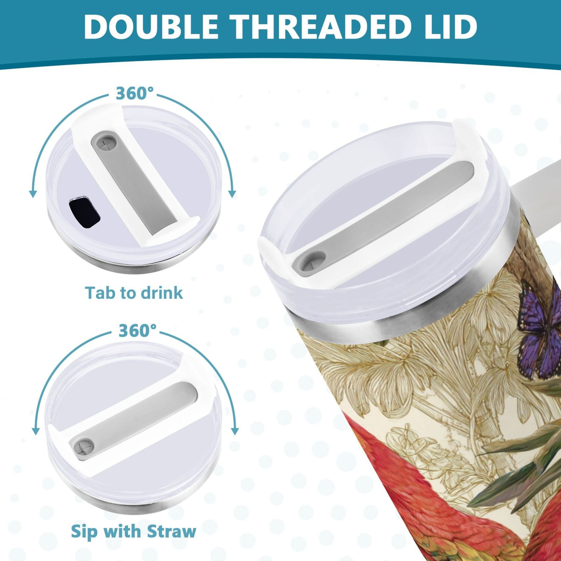 30 oz Insulated Stainless Steel Tumbler Double Wall Stainless Steel Tumbler with 2-Way Drinking Colorful Beautiful Parrots TFBZ