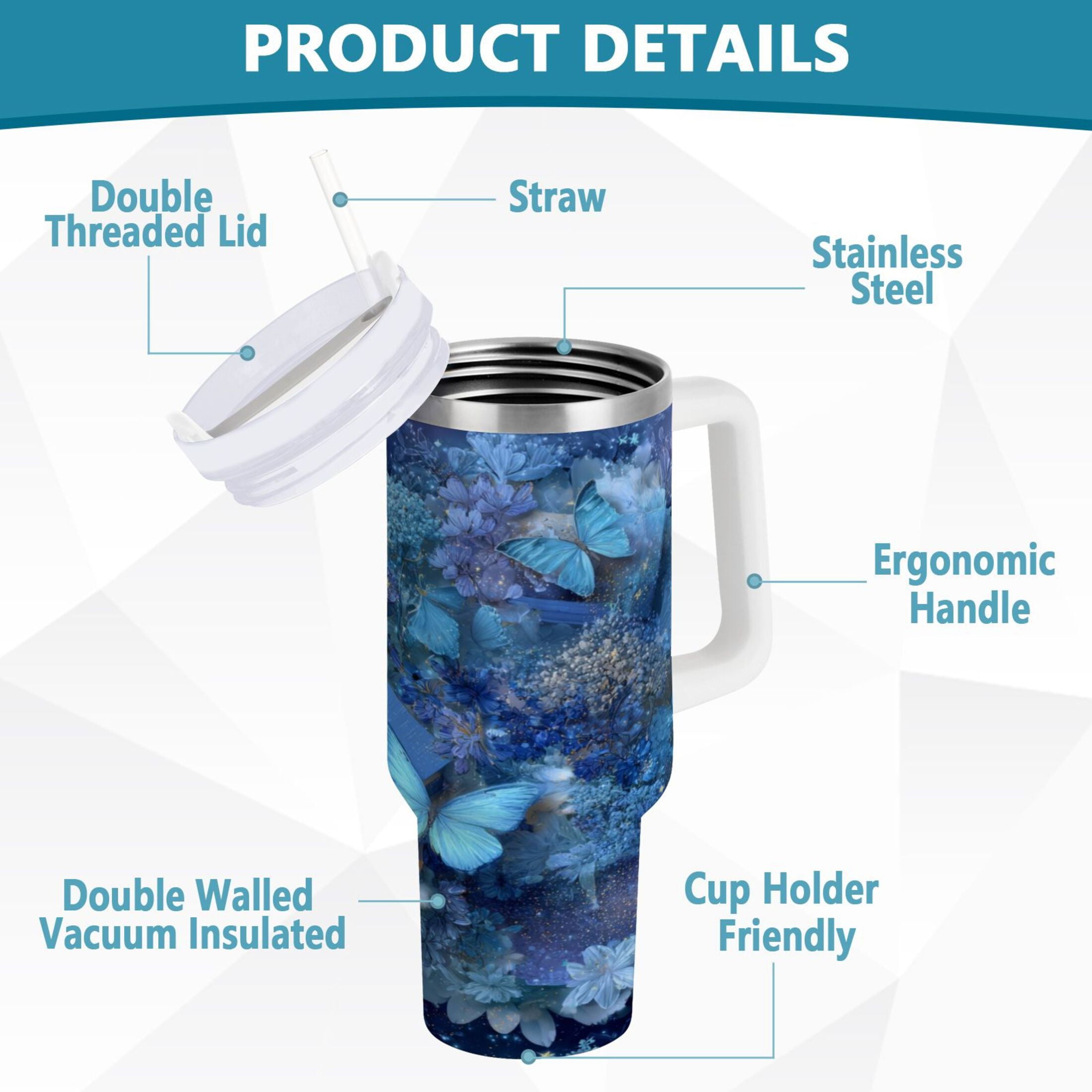 30 oz Insulated Stainless Steel Tumbler Double Wall Stainless Steel Tumbler with 2-Way Drinking Butterflies Books and Flowers WSP8