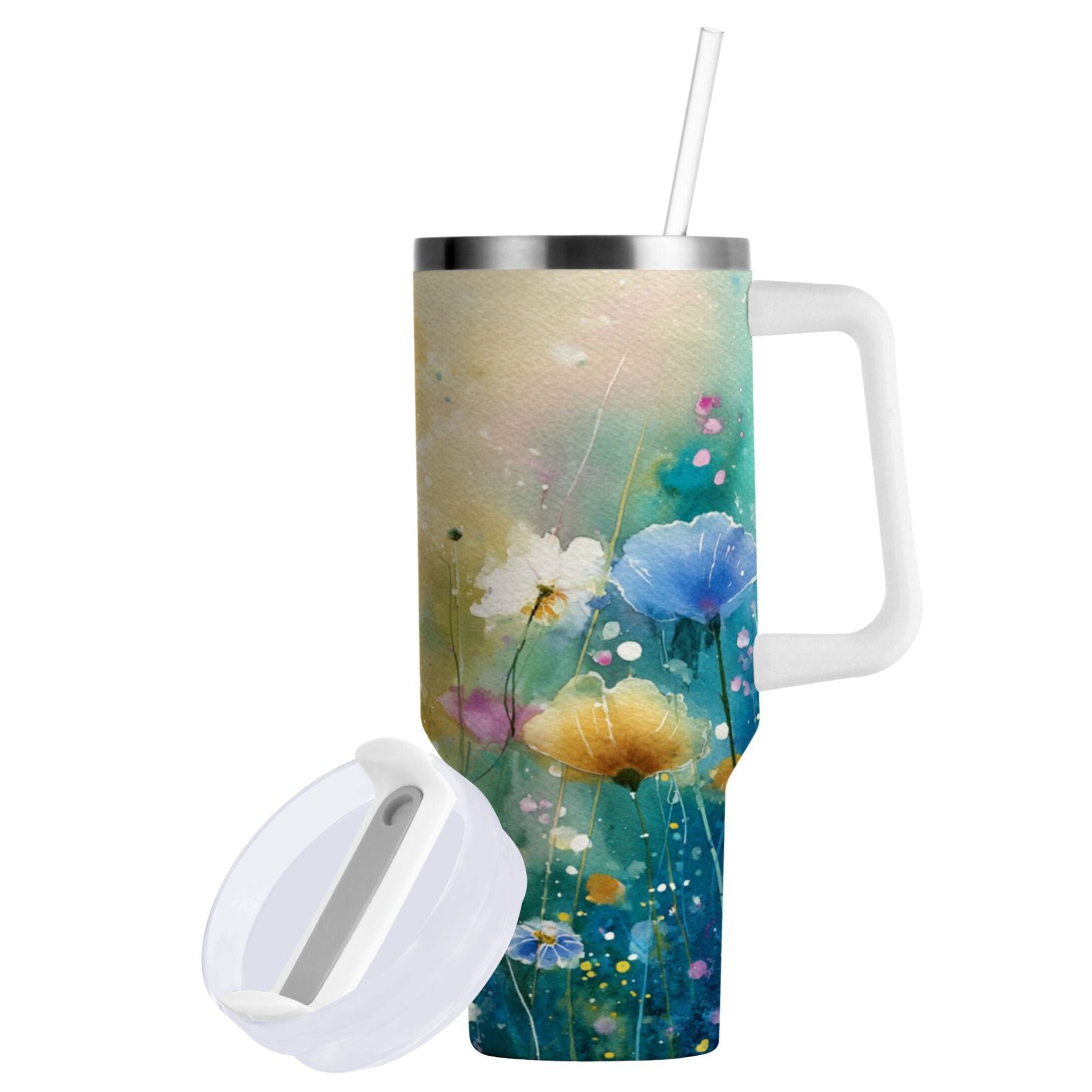 30 oz Insulated Stainless Steel Tumbler Double Wall Stainless Steel Tumbler with 2-Way Drinking Watercolor Wildflowers TQQX