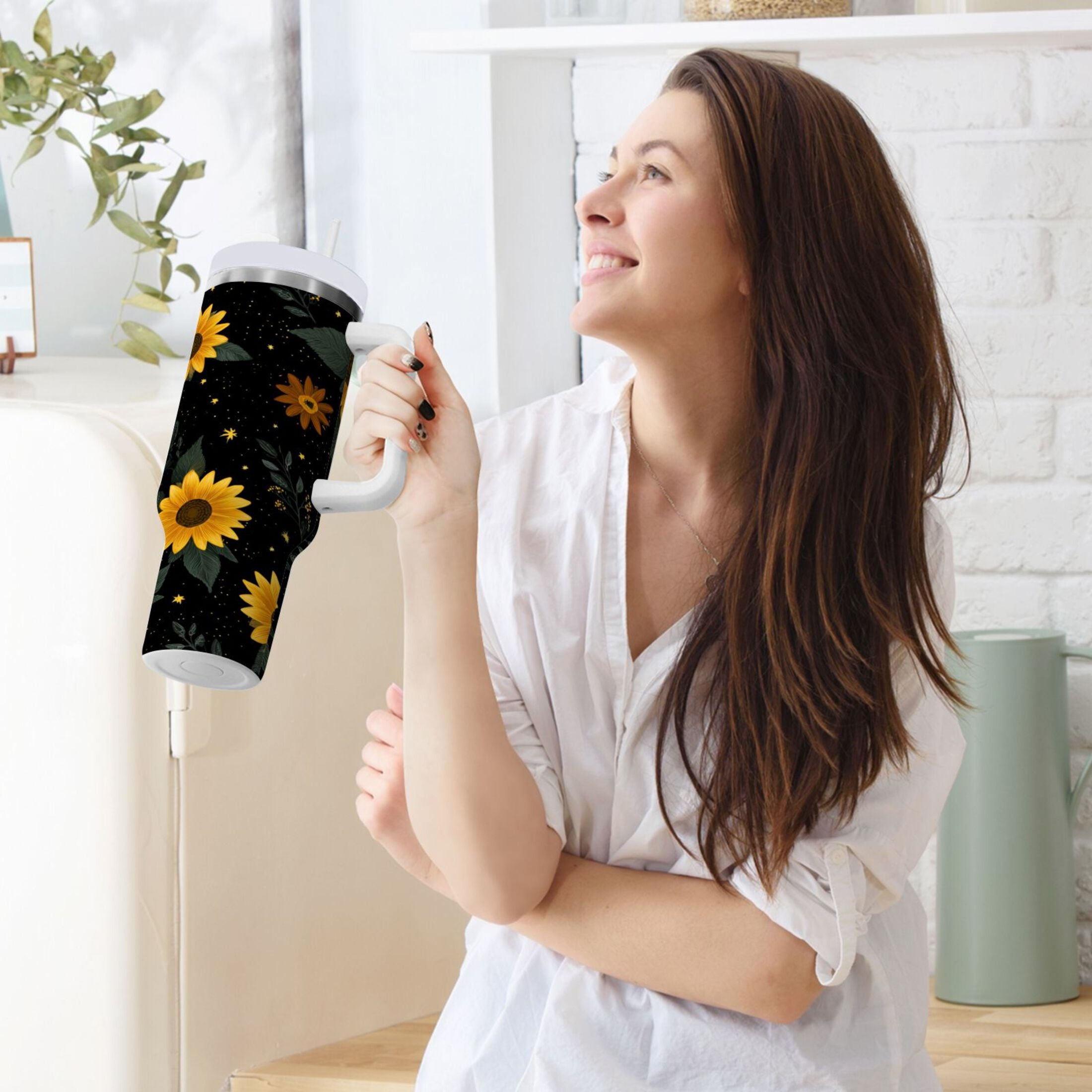 30 oz Insulated Stainless Steel Tumbler Double Wall Stainless Steel Tumbler with 2-Way Drinking Yellow Sunflower Pattern CKD8