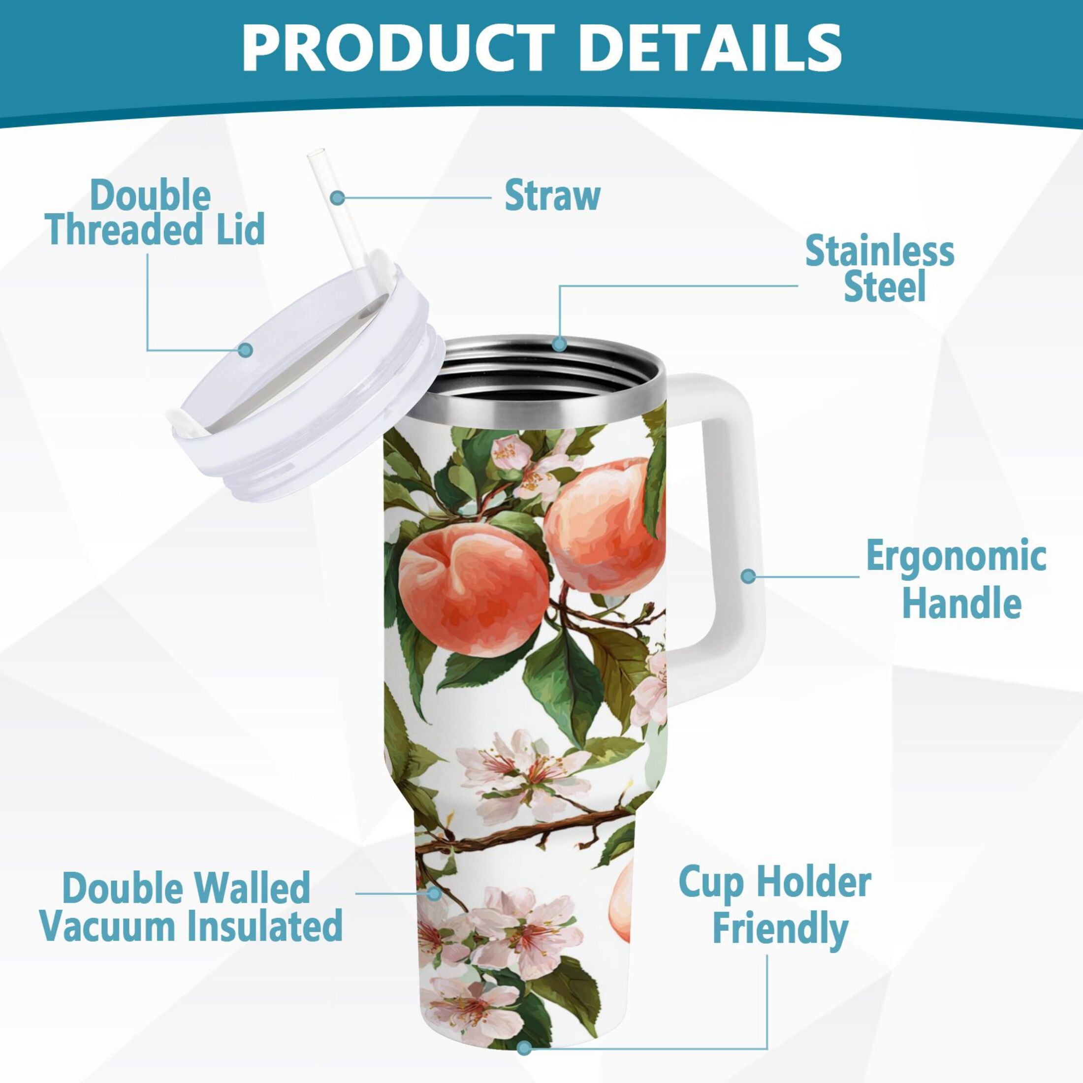 30 oz Insulated Stainless Steel Tumbler Double Wall Stainless Steel Tumbler with 2-Way Drinking Peach Fruit Pattern C5AO
