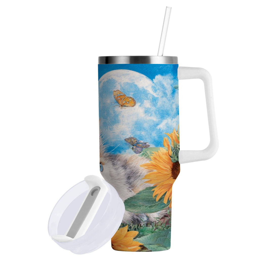 40 oz Insulated Stainless Steel Tumbler Double Wall Stainless Steel Tumbler with 2-Way Drinking Playful Cat Lying Sunflowers X733