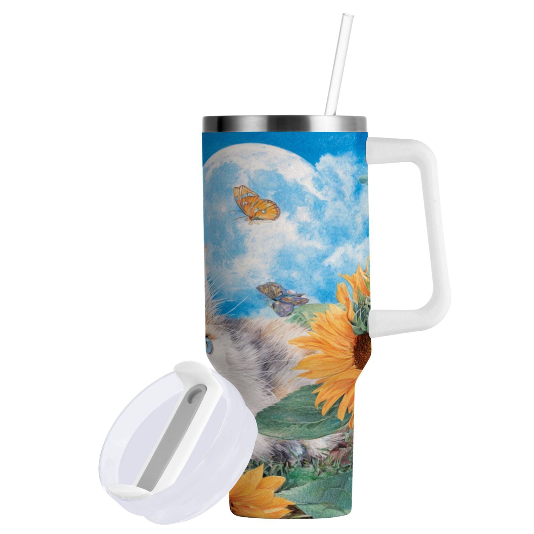 40 oz Insulated Stainless Steel Tumbler Double Wall Stainless Steel Tumbler with 2-Way Drinking Playful Cat Lying Sunflowers X733
