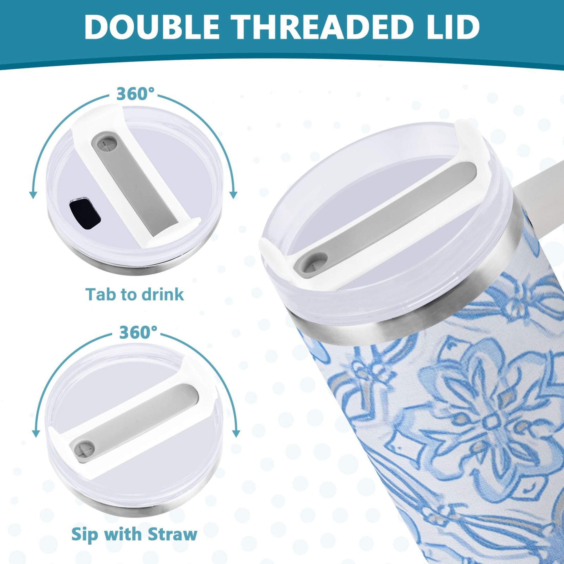30 oz Insulated Stainless Steel Tumbler Double Wall Stainless Steel Tumbler with 2-Way Drinking Blue Elegant Geometric Design TOLQ
