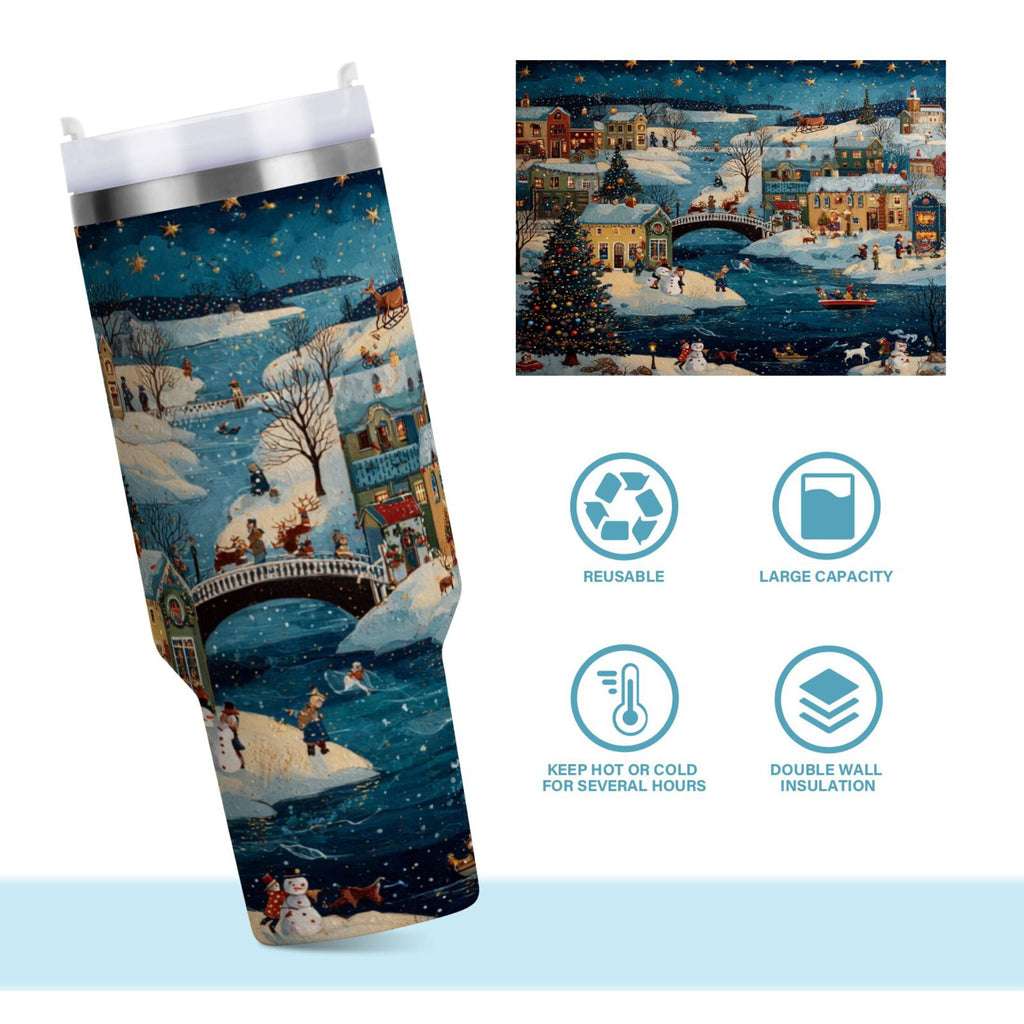 30 oz Insulated Stainless Steel Tumbler Double Wall Stainless Steel Tumbler with 2-Way Drinking Whimsical Christmas Scene MB59
