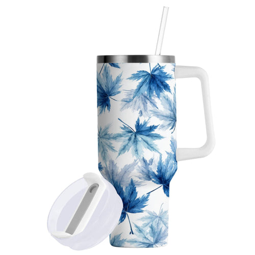30 oz Insulated Stainless Steel Tumbler Double Wall Stainless Steel Tumbler with 2-Way Drinking Abstract Blue Maple Leaves HPXS