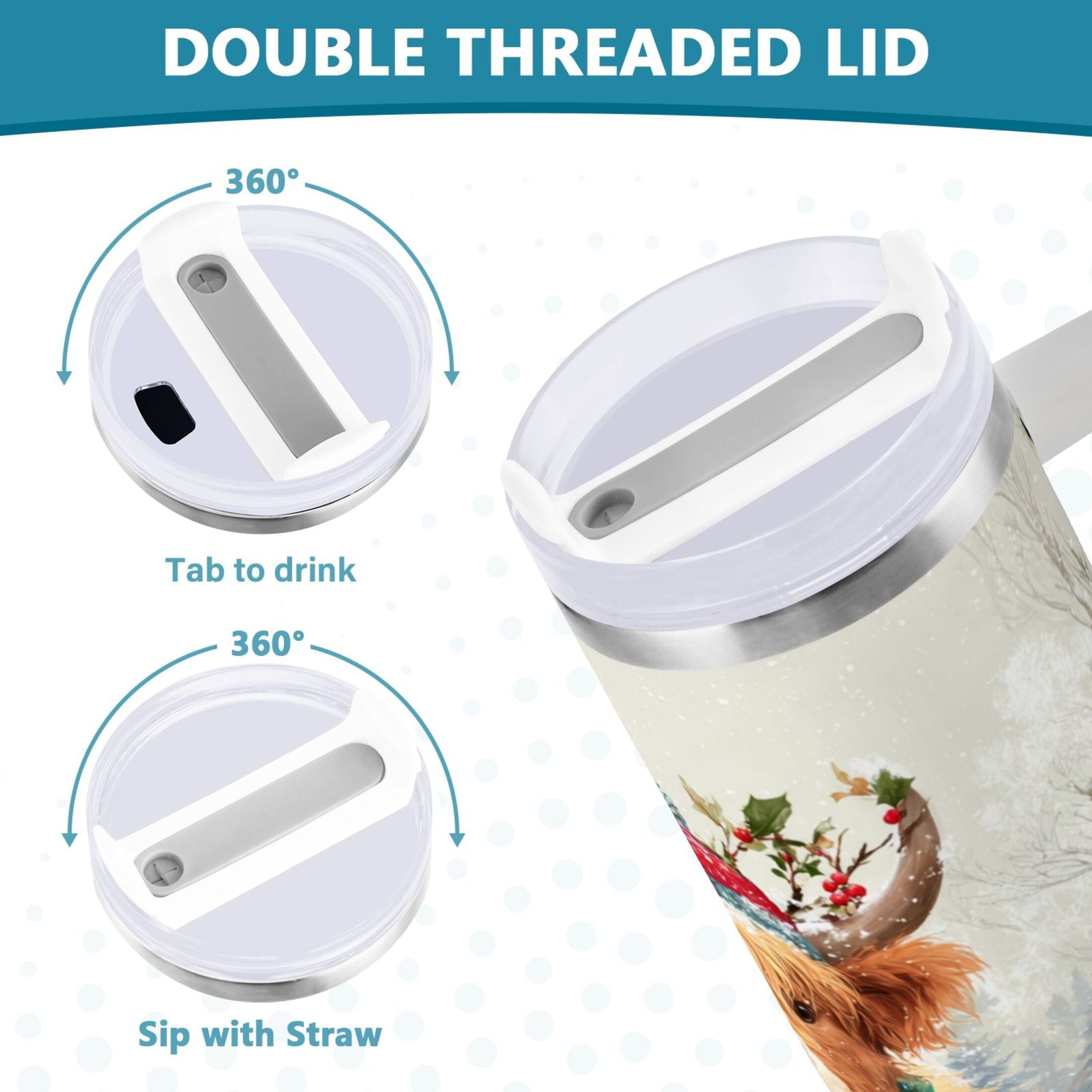 30 oz Insulated Stainless Steel Tumbler Double Wall Stainless Steel Tumbler with 2-Way Drinking Cow Wearing Christmas Hat KAB7