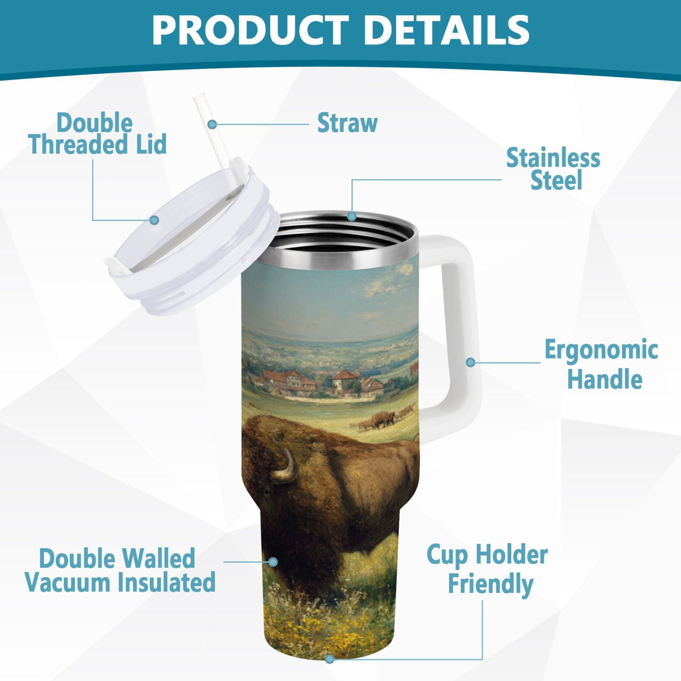 30 oz Insulated Stainless Steel Tumbler Double Wall Stainless Steel Tumbler with 2-Way Drinking Buffalo Herd Oil Painting FERM