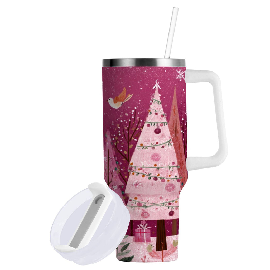 40 oz Insulated Stainless Steel Tumbler Double Wall Stainless Steel Tumbler with 2-Way Drinking Pink Christmas Forest K92E