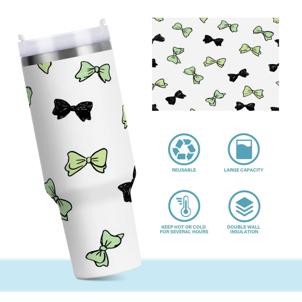 40 oz Insulated Stainless Steel Tumbler Double Wall Stainless Steel Tumbler with 2-Way Drinking Green and Black Bows YWII