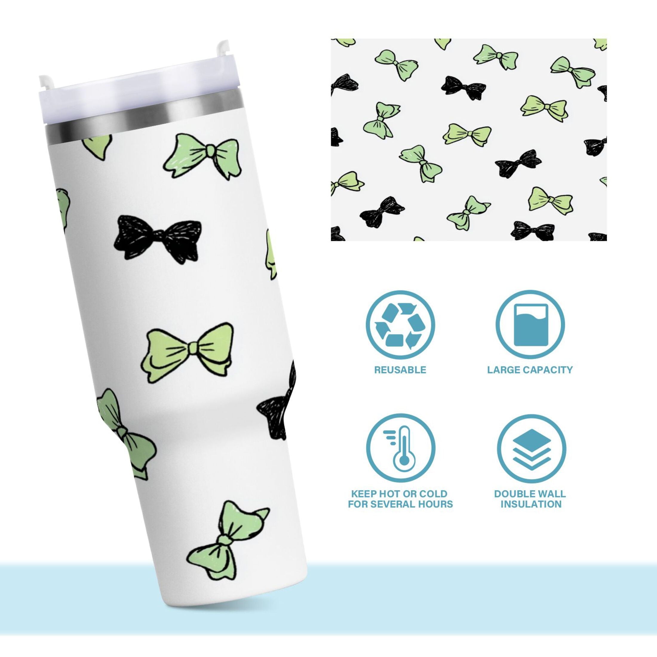 40 oz Insulated Stainless Steel Tumbler Double Wall Stainless Steel Tumbler with 2-Way Drinking Green and Black Bows YWII