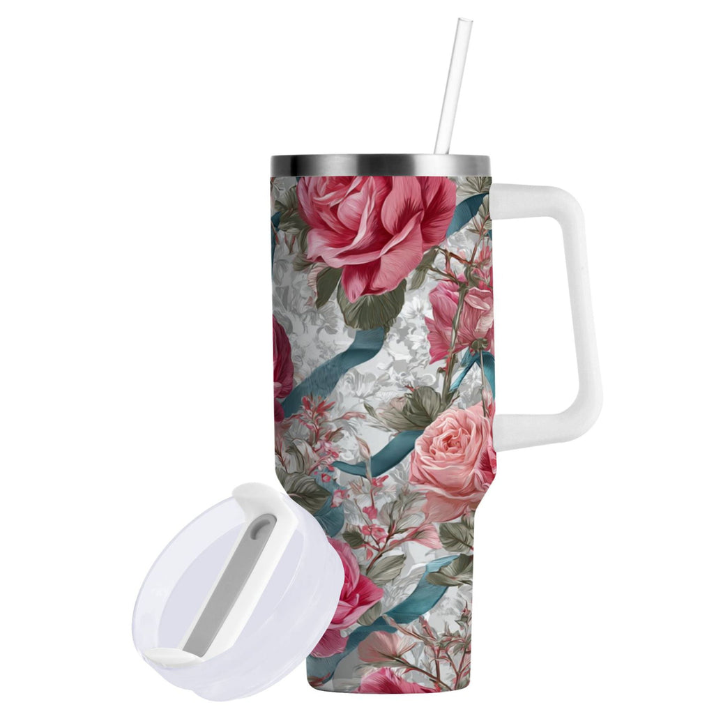 30 oz Insulated Stainless Steel Tumbler Double Wall Stainless Steel Tumbler with 2-Way Drinking Roses and Ribbons R2S9