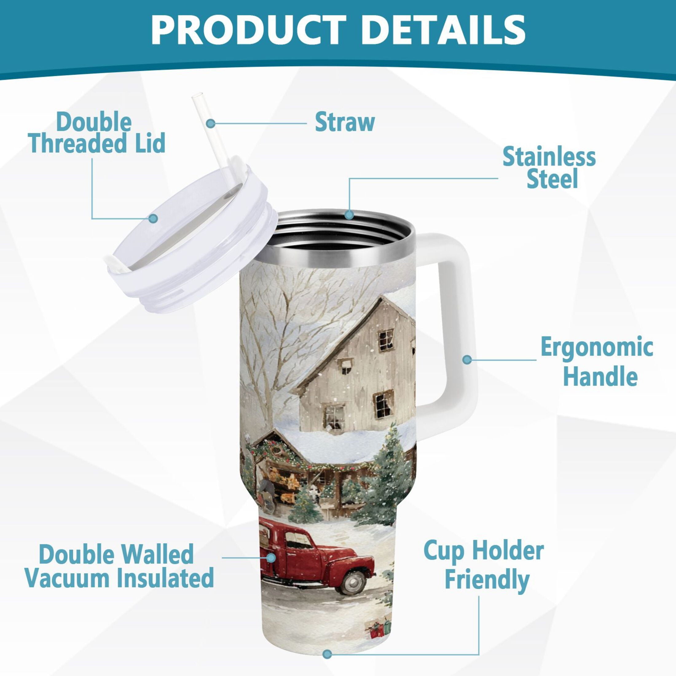 40 oz Insulated Stainless Steel Tumbler Double Wall Stainless Steel Tumbler with 2-Way Drinking Farm Snow Scene T8KK