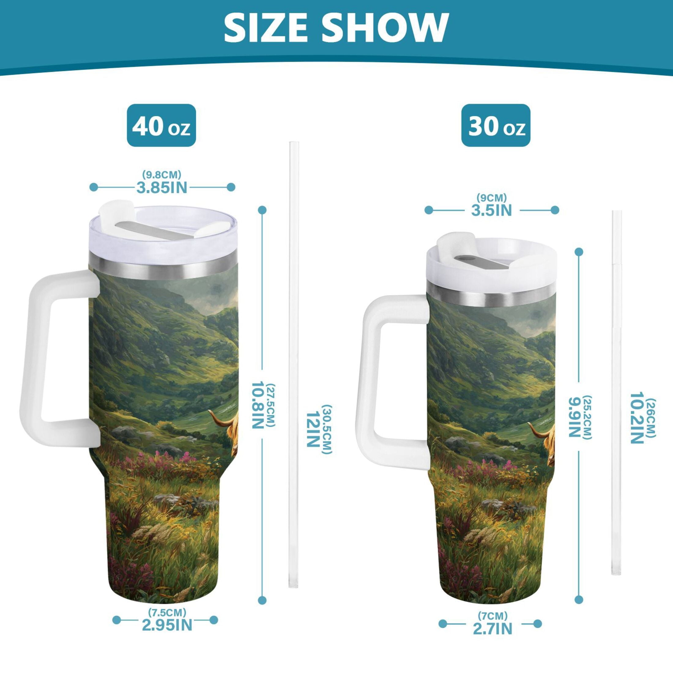 30 oz Insulated Stainless Steel Tumbler Double Wall Stainless Steel Tumbler with 2-Way Drinking Cow in Green Rolling Hills Q5MV