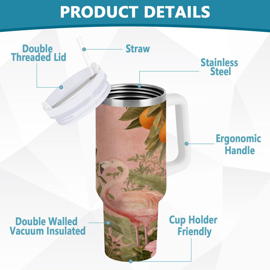 40 oz Insulated Stainless Steel Tumbler Double Wall Stainless Steel Tumbler with 2-Way Drinking Flamingos in Tropical Garden EDBC