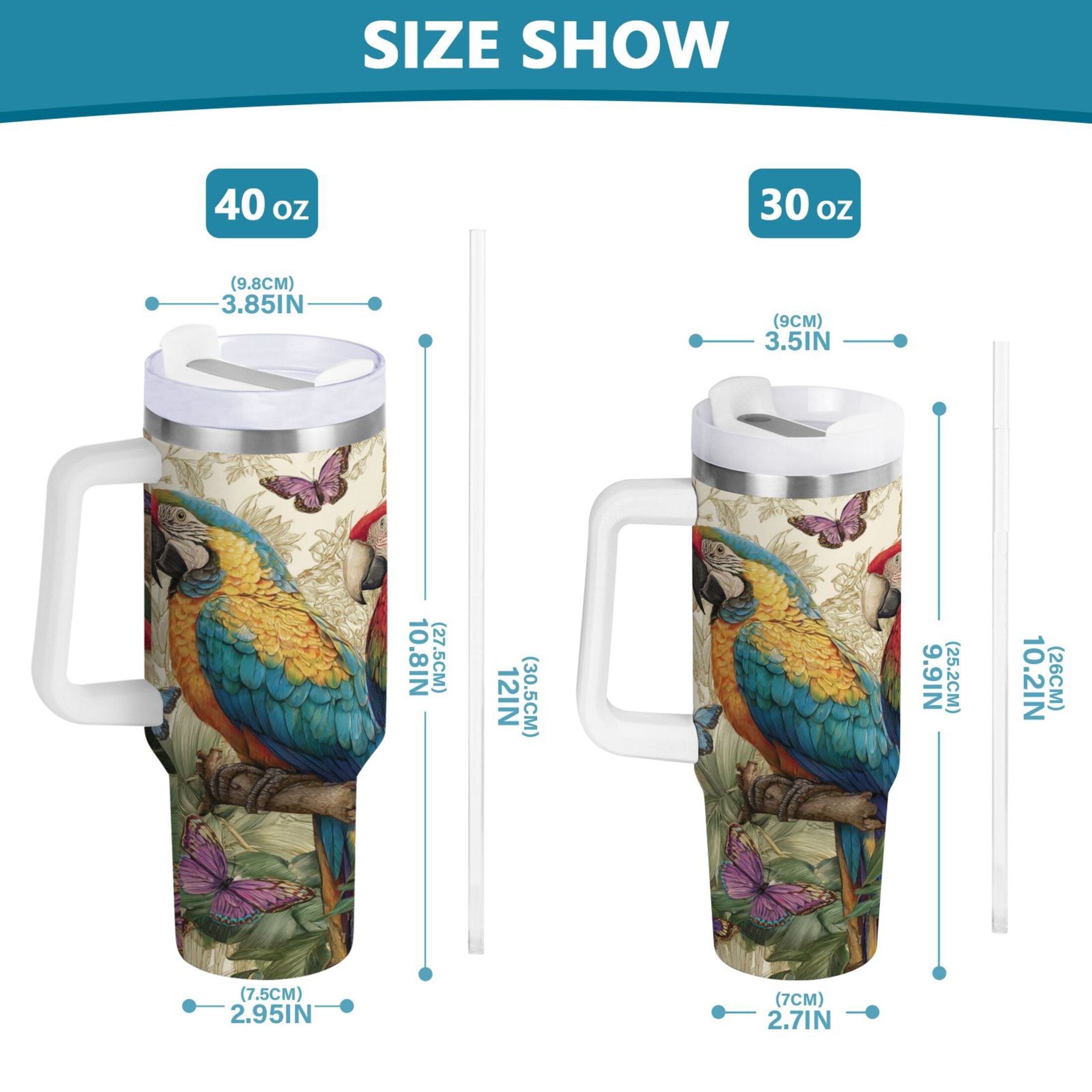 30 oz Insulated Stainless Steel Tumbler Double Wall Stainless Steel Tumbler with 2-Way Drinking Colorful Beautiful Parrots TFBZ