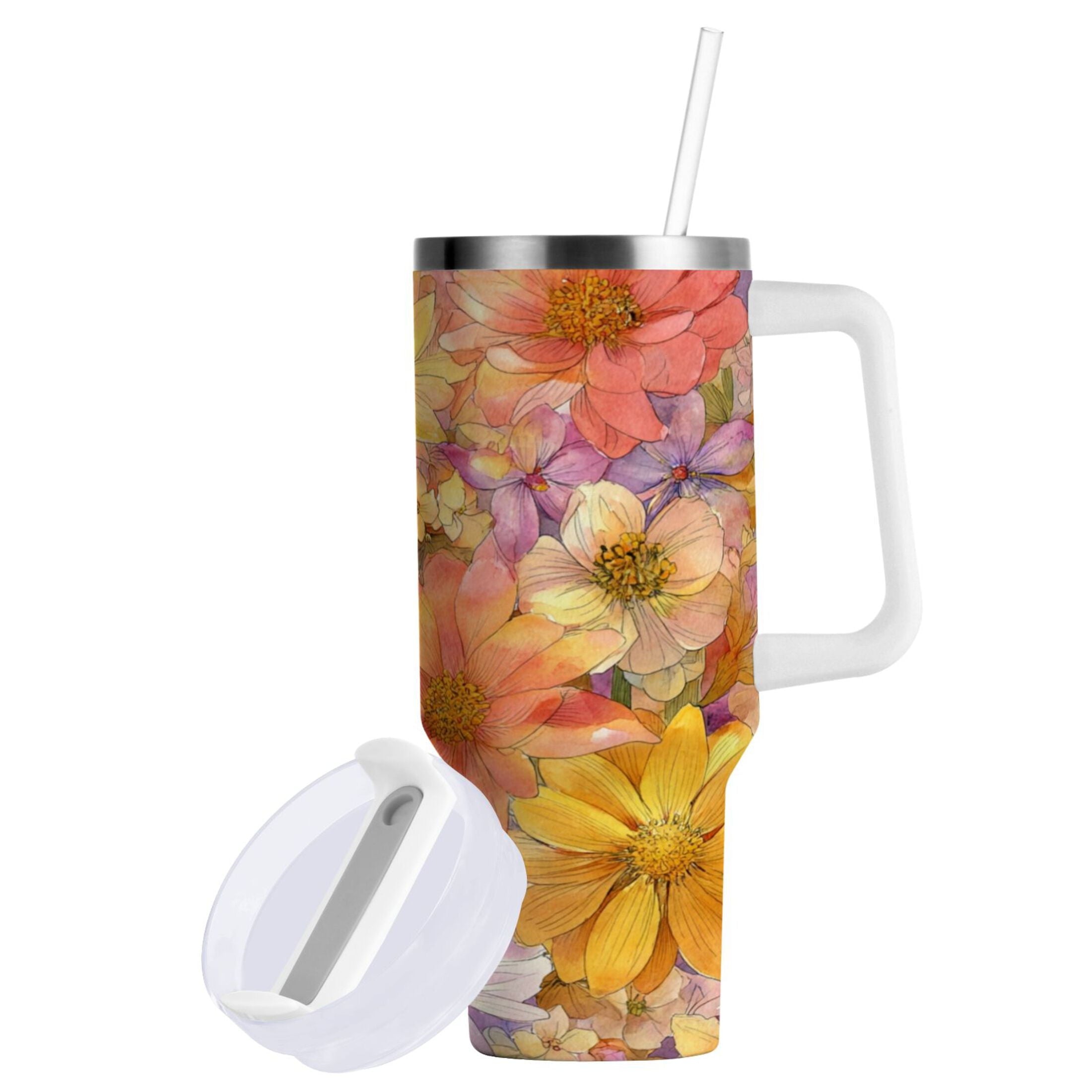 30 oz Insulated Stainless Steel Tumbler Double Wall Stainless Steel Tumbler with 2-Way Drinking Summer Blossoms QNMI