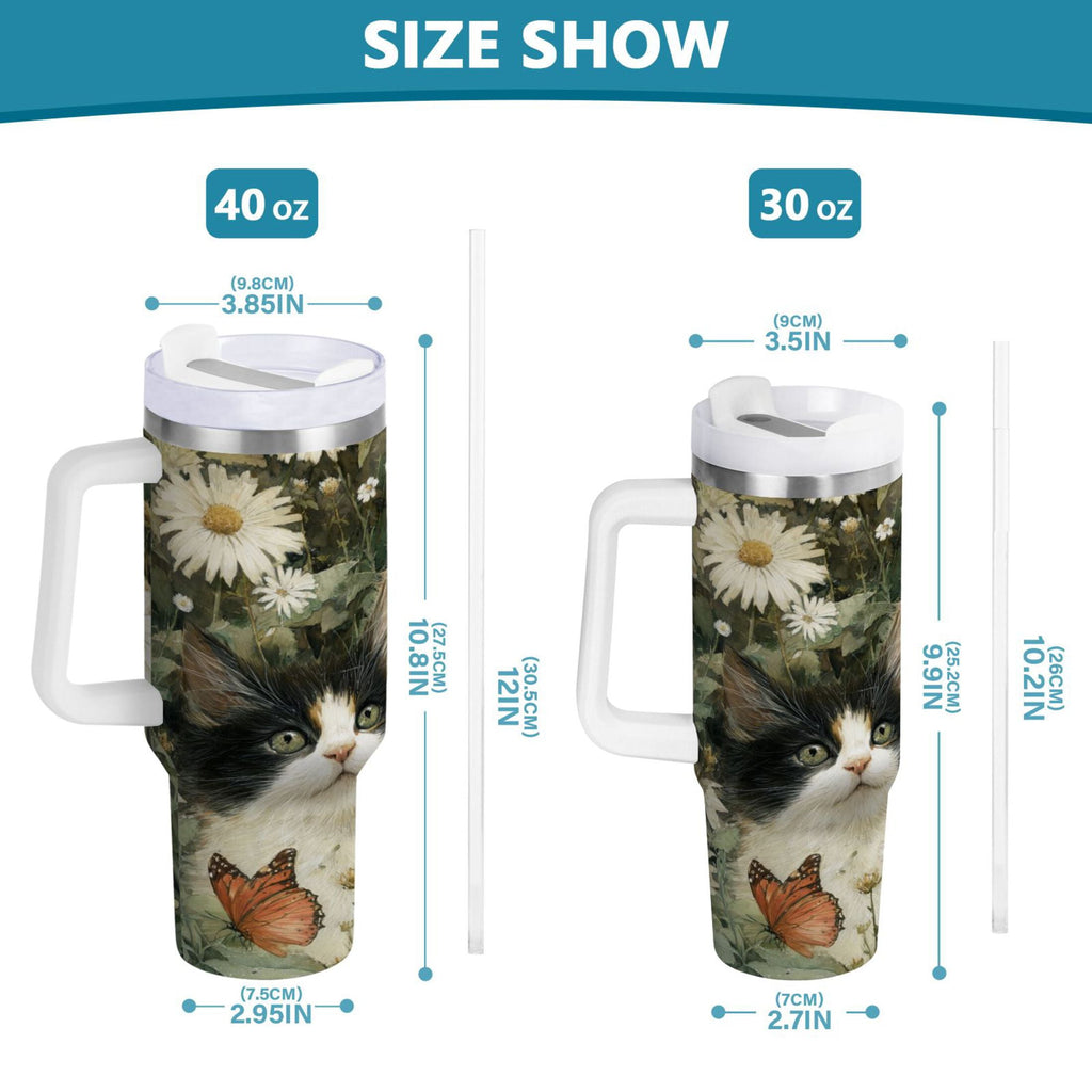 30 oz Insulated Stainless Steel Tumbler Double Wall Stainless Steel Tumbler with 2-Way Drinking Adorable Cats and Daisies 43FB