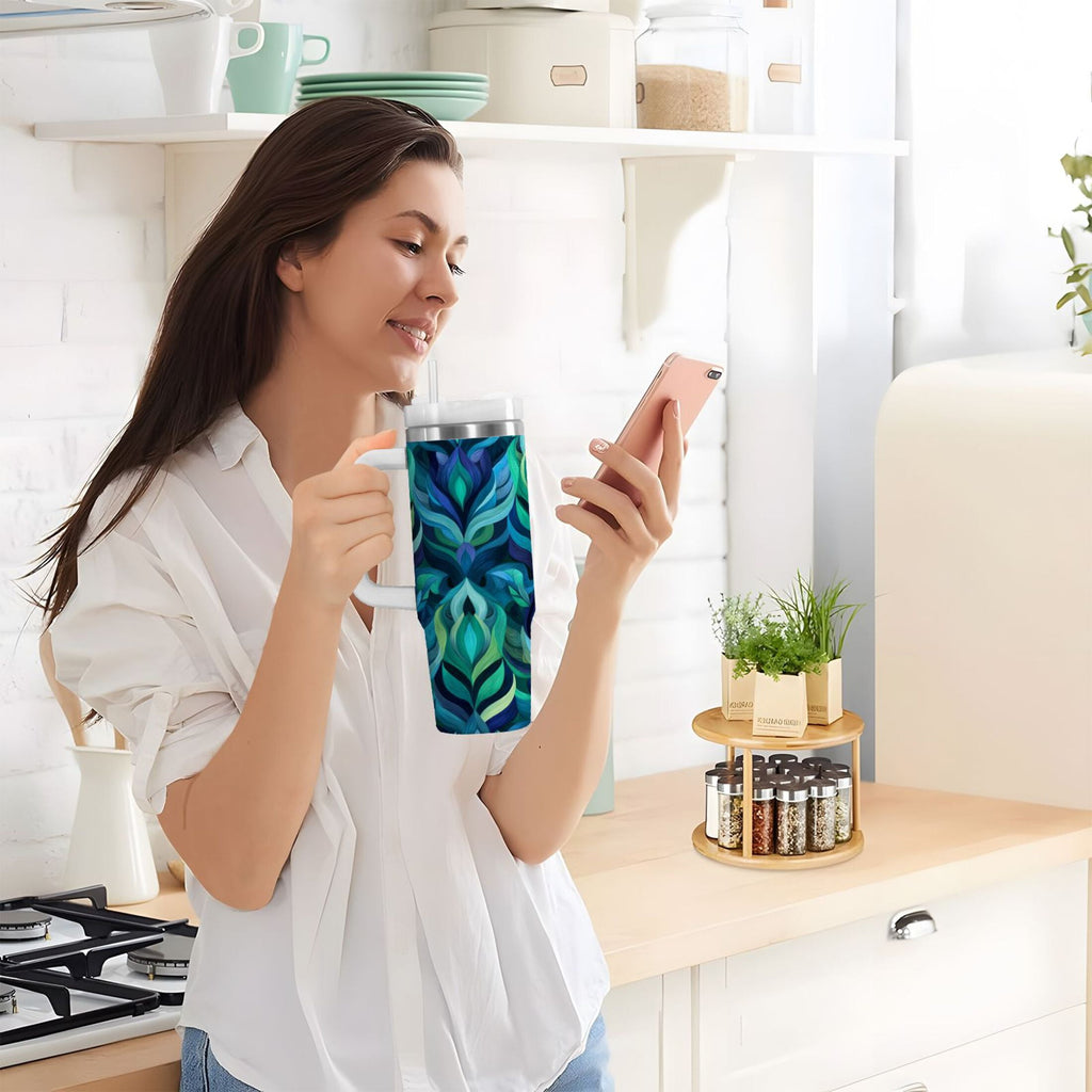 40 oz Insulated Stainless Steel Tumbler Double Wall Stainless Steel Tumbler with 2-Way Drinking Elegant Blue Abstract Shapes 0AR8