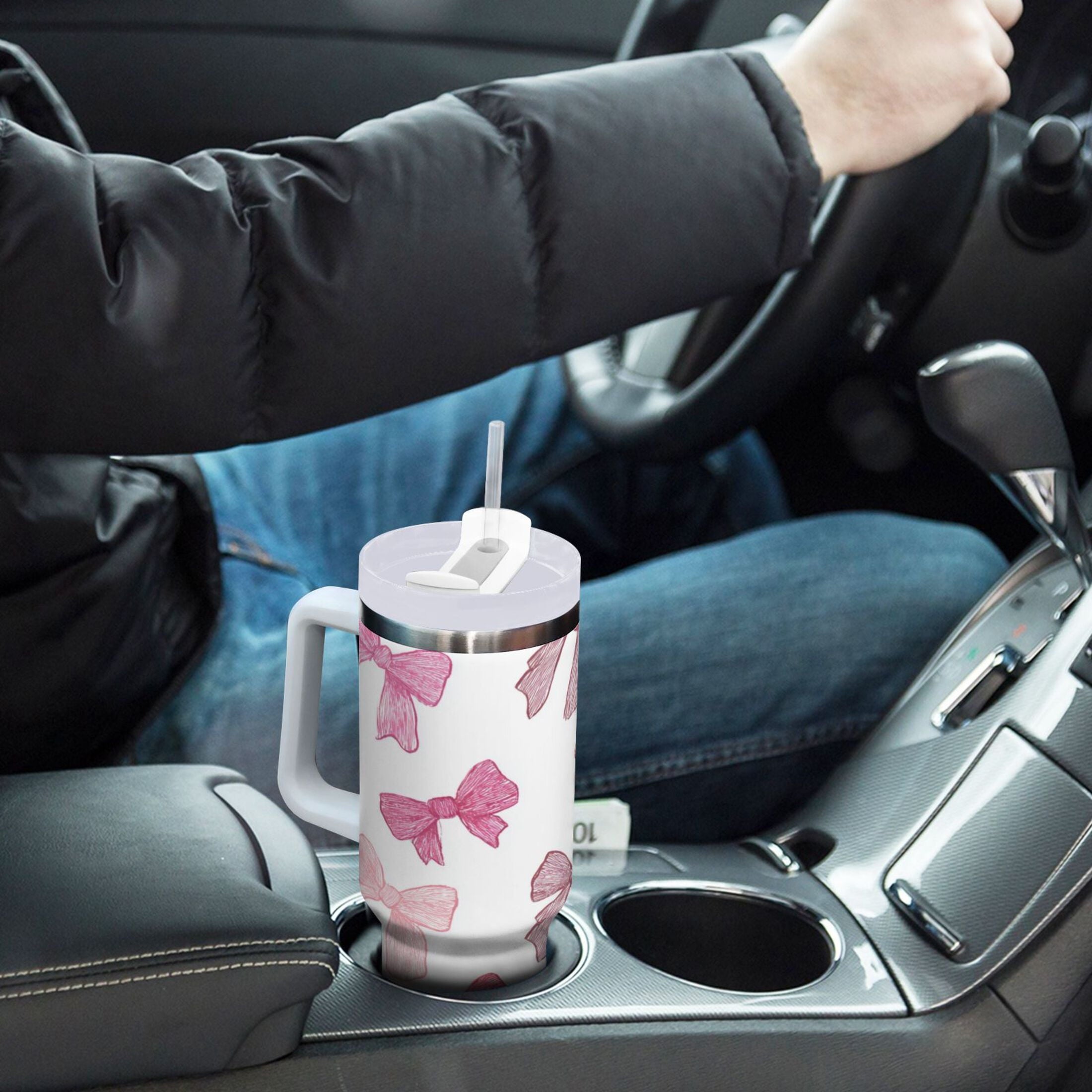 40 oz Insulated Stainless Steel Tumbler Double Wall Stainless Steel Tumbler with 2-Way Drinking Pink Bows Pattern ZVTD