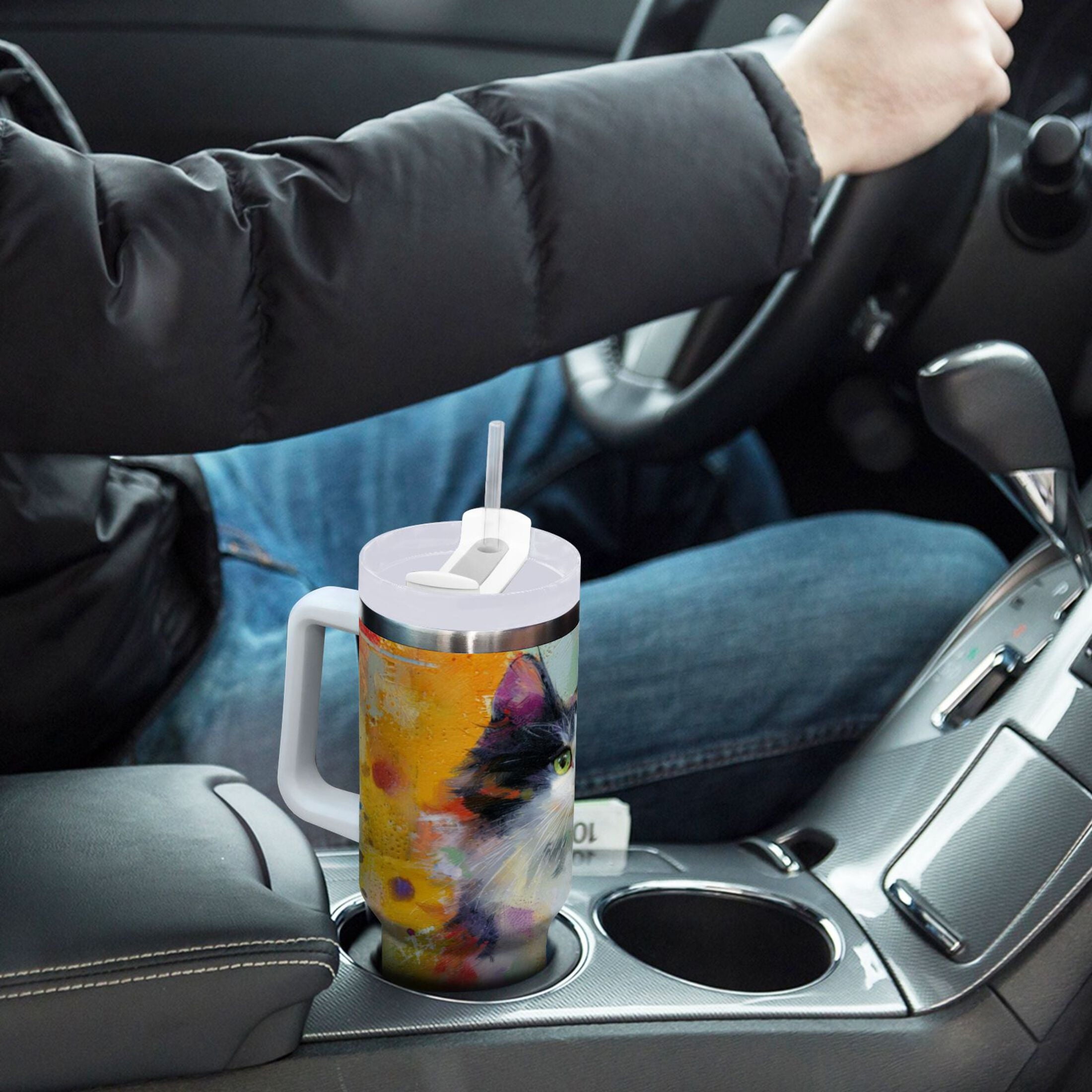 30 oz Insulated Stainless Steel Tumbler Double Wall Stainless Steel Tumbler with 2-Way Drinking Charming Hairy Cat BD42