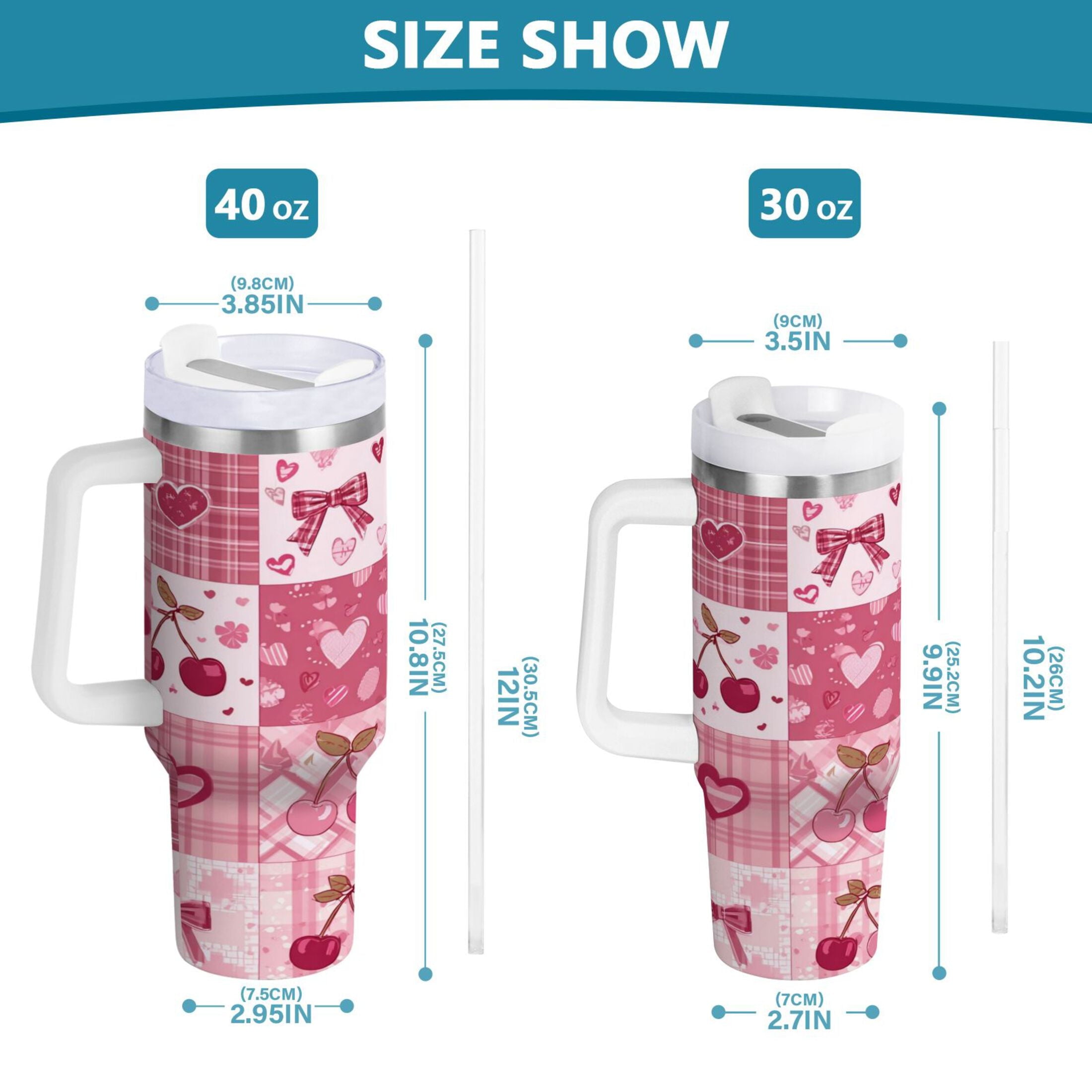 30 oz Insulated Stainless Steel Tumbler Double Wall Stainless Steel Tumbler with 2-Way Drinking Cherry Pattern with Bows 6QVE