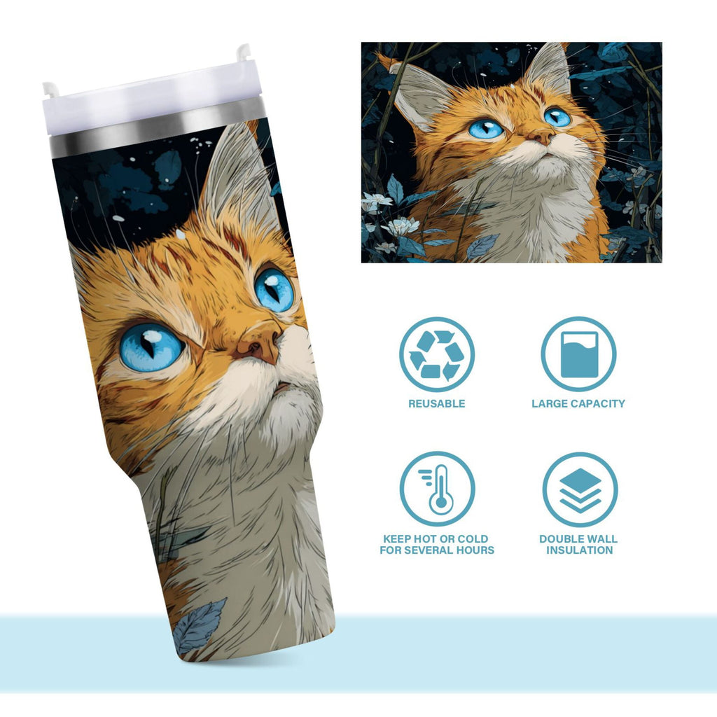 30 oz Insulated Stainless Steel Tumbler Double Wall Stainless Steel Tumbler with 2-Way Drinking Orange Cat with Blue Eyes TOEJ