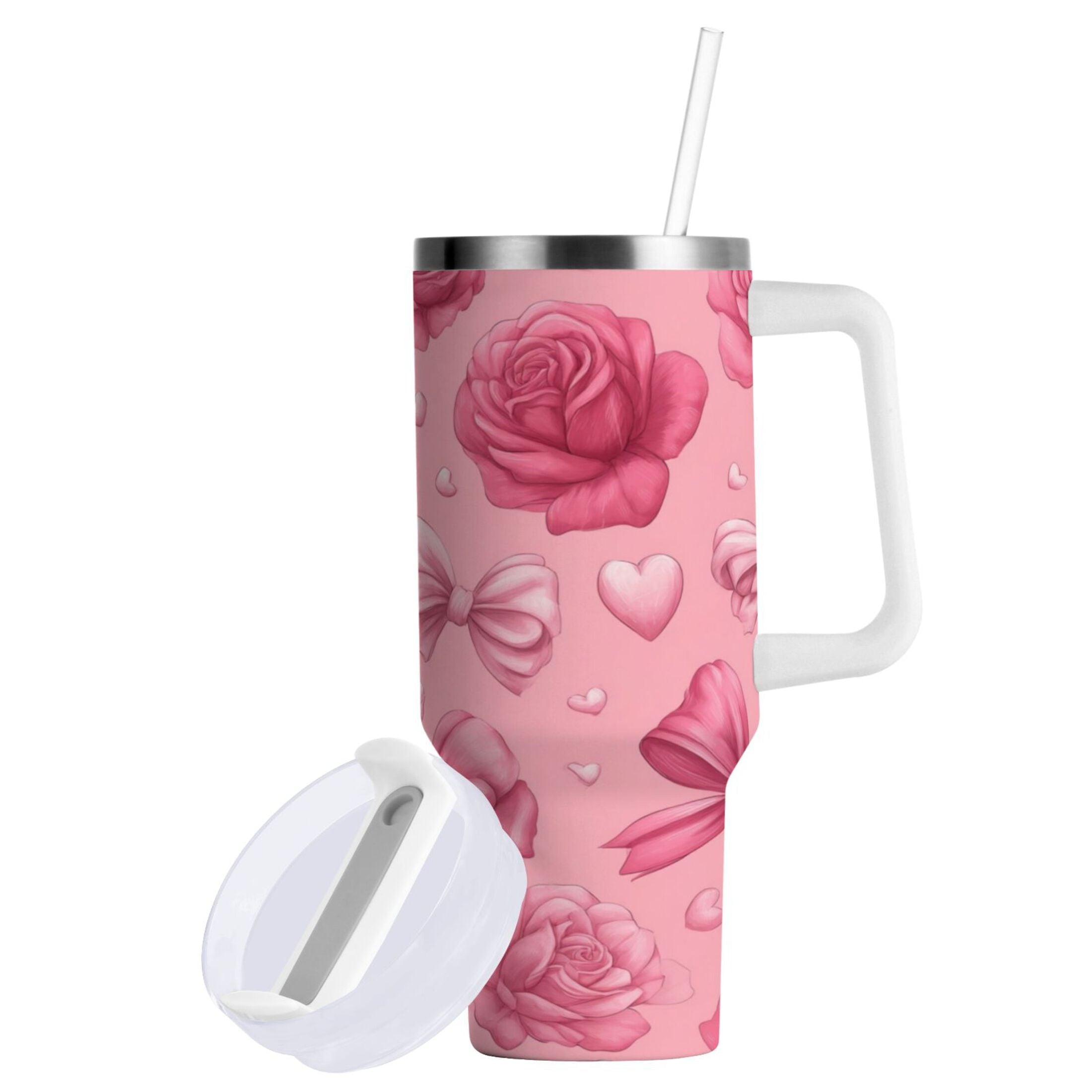 40 oz Insulated Stainless Steel Tumbler Double Wall Stainless Steel Tumbler with 2-Way Drinking Roses and Bows Pattern 678S