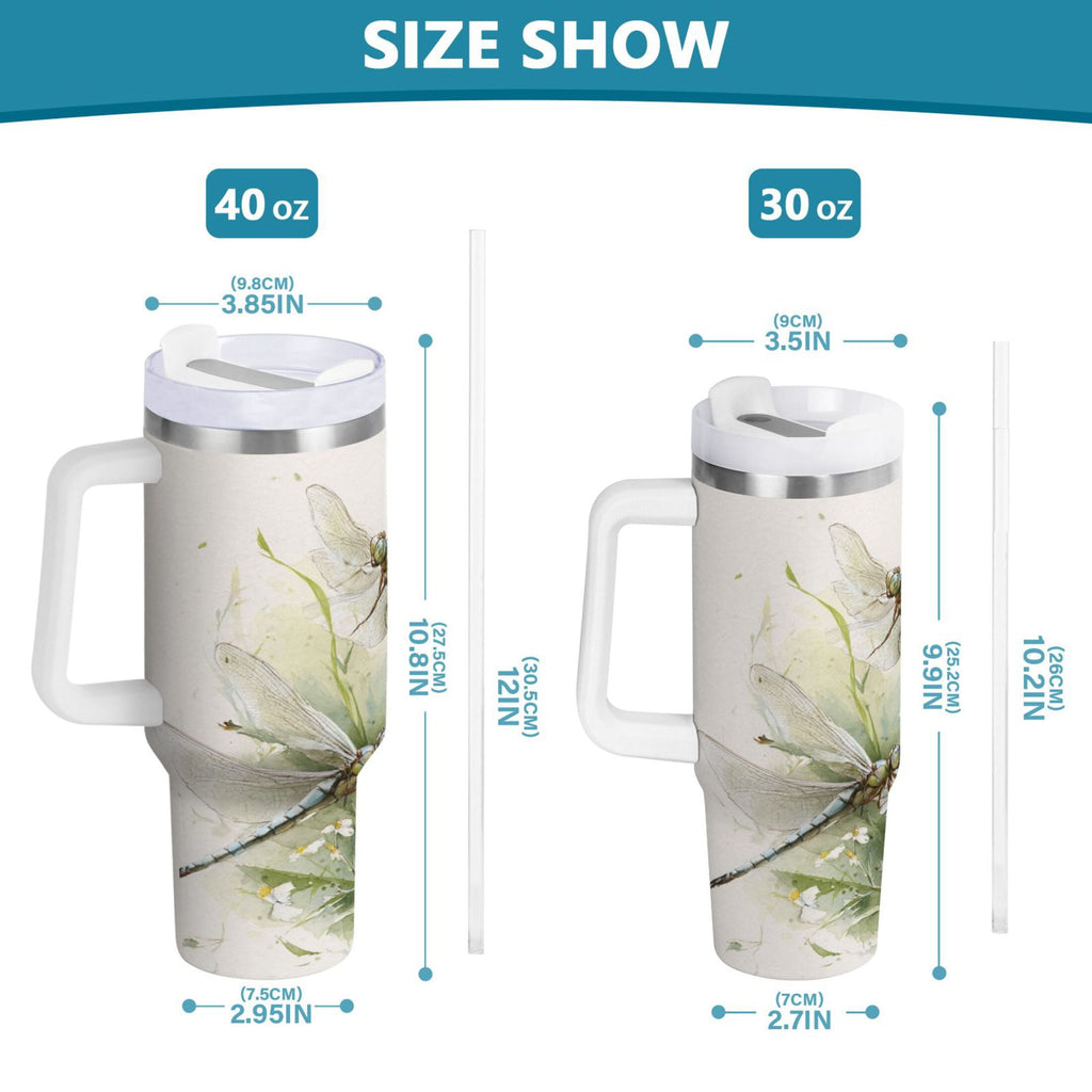 30 oz Insulated Stainless Steel Tumbler Double Wall Stainless Steel Tumbler with 2-Way Drinking Dragonflies with White Daisies B8DD