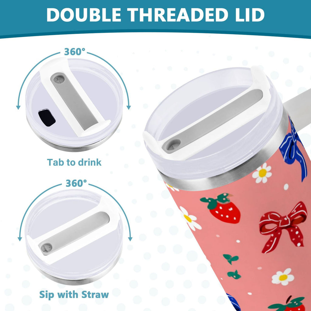 40 oz Insulated Stainless Steel Tumbler Double Wall Stainless Steel Tumbler with 2-Way Drinking Bows and Strawberries Pattern E9AK