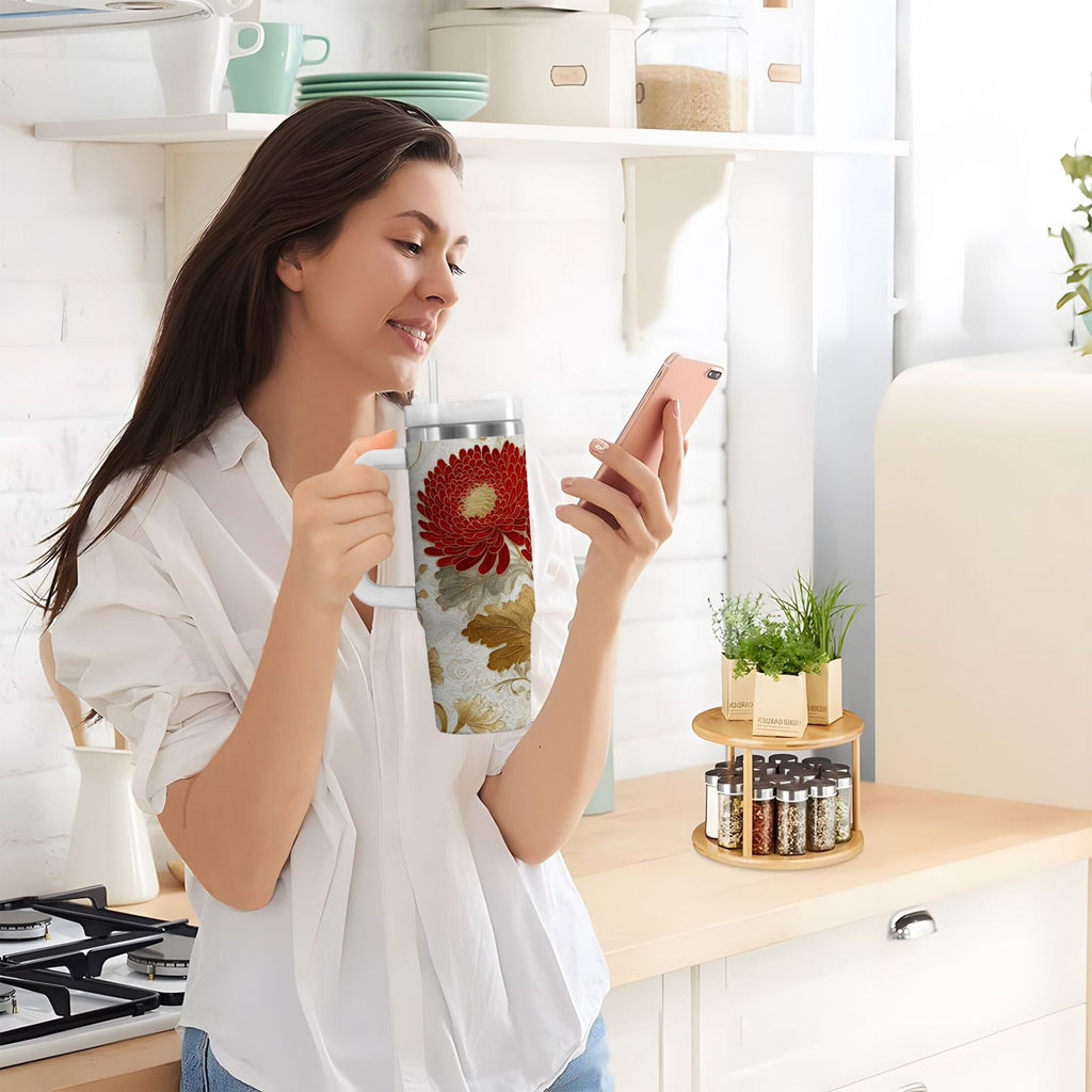 30 oz Insulated Stainless Steel Tumbler Double Wall Stainless Steel Tumbler with 2-Way Drinking Red Chrysanthemum Pattern 77N7
