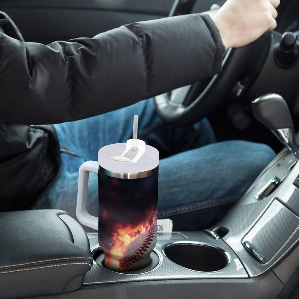 40 oz Insulated Stainless Steel Tumbler Double Wall Stainless Steel Tumbler with 2-Way Drinking Baseball with Water and Fire 7KTT
