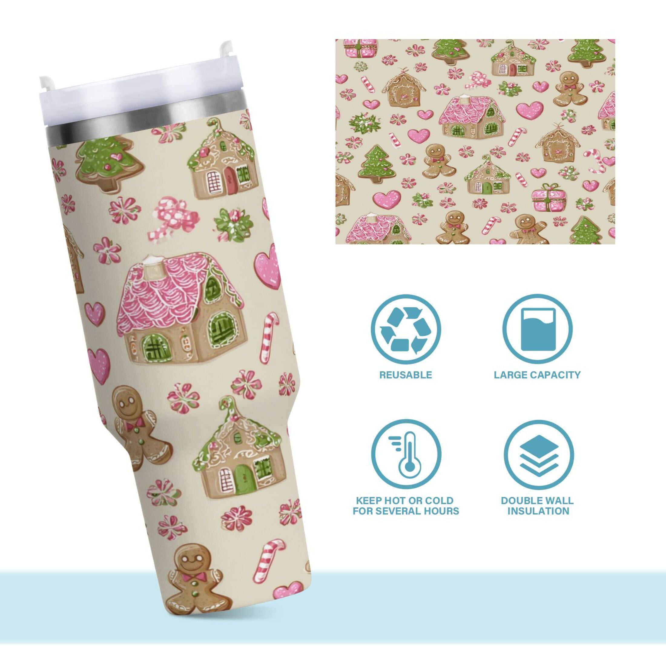 40 oz Insulated Stainless Steel Tumbler Double Wall Stainless Steel Tumbler with 2-Way Drinking Pink Cute Christmas Pattern S8JG
