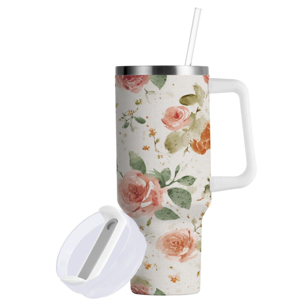 40 oz Insulated Stainless Steel Tumbler Double Wall Stainless Steel Tumbler with 2-Way Drinking Watercolor Rose Floral Pattern 48QI