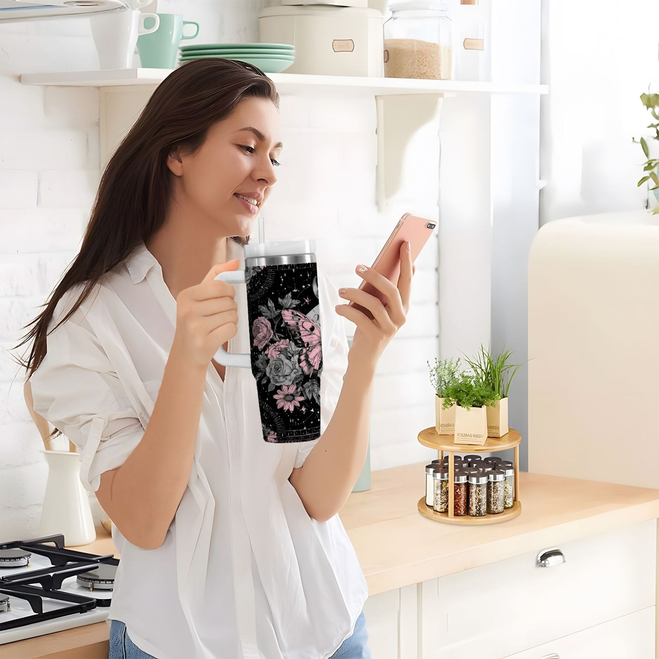 30 oz Insulated Stainless Steel Tumbler Double Wall Stainless Steel Tumbler with 2-Way Drinking Butterfly by Moon and Flowers 8DPL