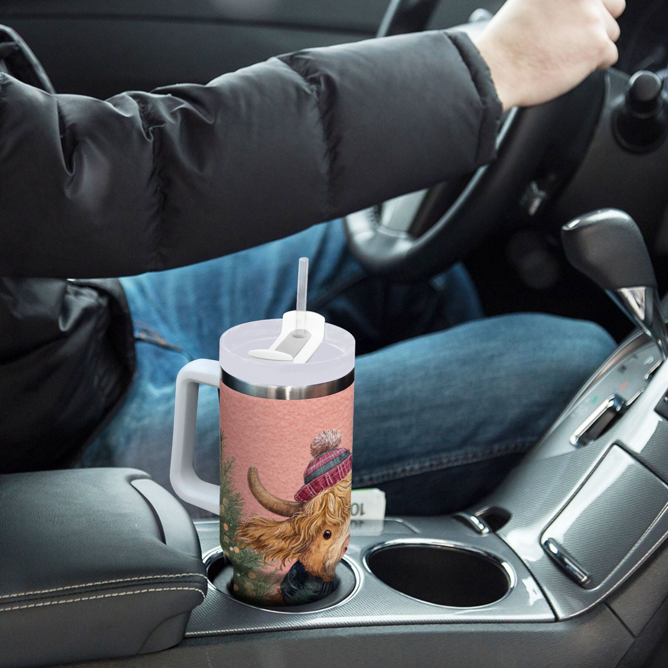 30 oz Insulated Stainless Steel Tumbler Double Wall Stainless Steel Tumbler with 2-Way Drinking Cow Wearing Scarf and Hat EA6T