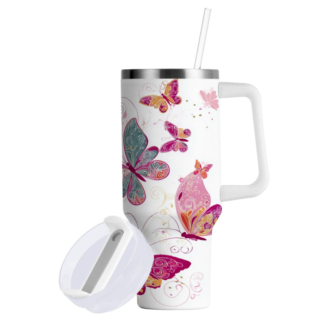30 oz Insulated Stainless Steel Tumbler Double Wall Stainless Steel Tumbler with 2-Way Drinking Colorful Butterflies NDZF