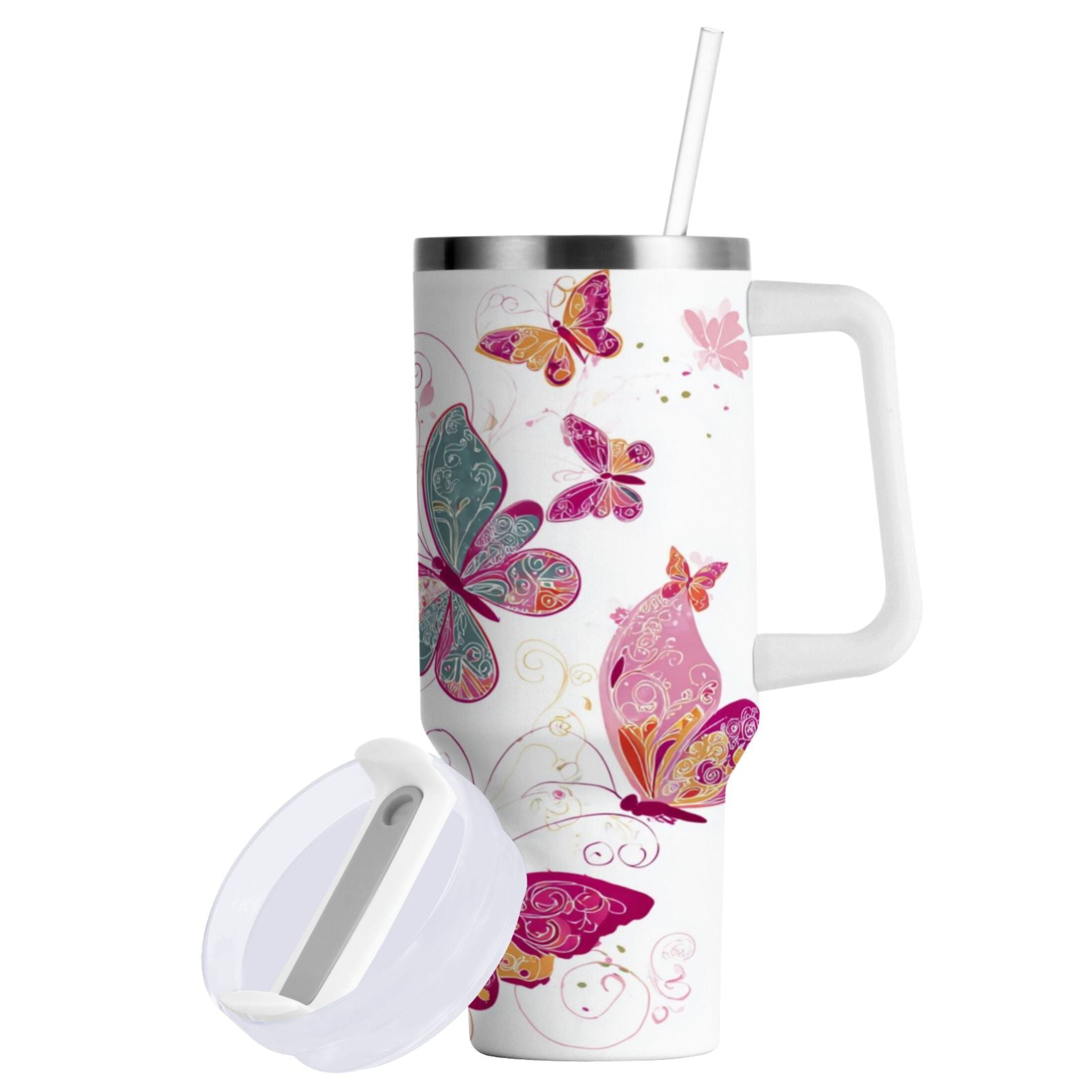 30 oz Insulated Stainless Steel Tumbler Double Wall Stainless Steel Tumbler with 2-Way Drinking Colorful Butterflies NDZF