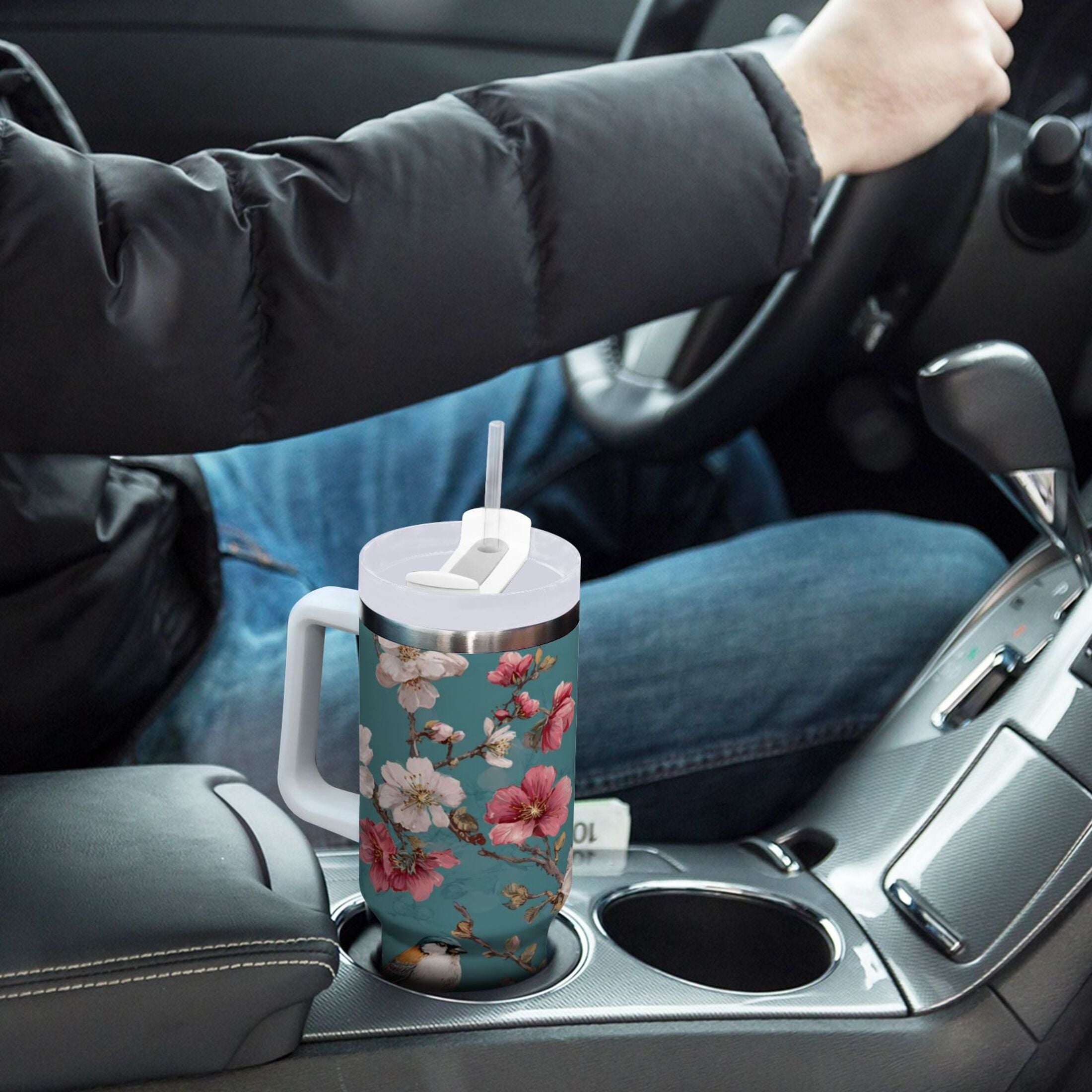 30 oz Insulated Stainless Steel Tumbler Double Wall Stainless Steel Tumbler with 2-Way Drinking Birds and Cherry Pattern S3GK