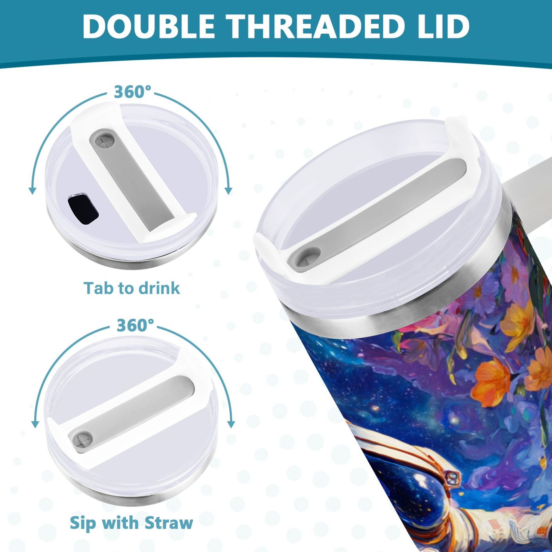 40 oz Insulated Stainless Steel Tumbler Double Wall Stainless Steel Tumbler with 2-Way Drinking Astronaut and Colorful Flowers YQOR