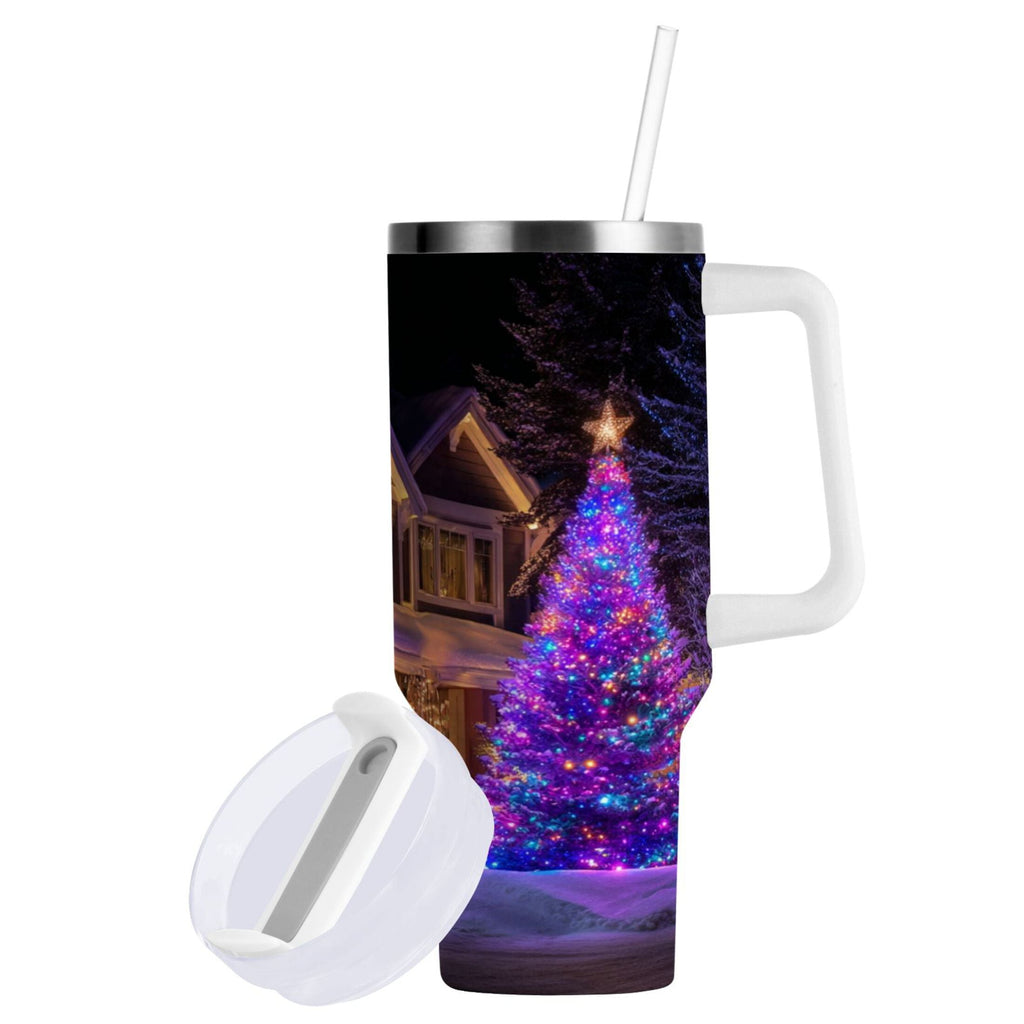 40 oz Insulated Stainless Steel Tumbler Double Wall Stainless Steel Tumbler with 2-Way Drinking Christmas Trees with Lights QEIK