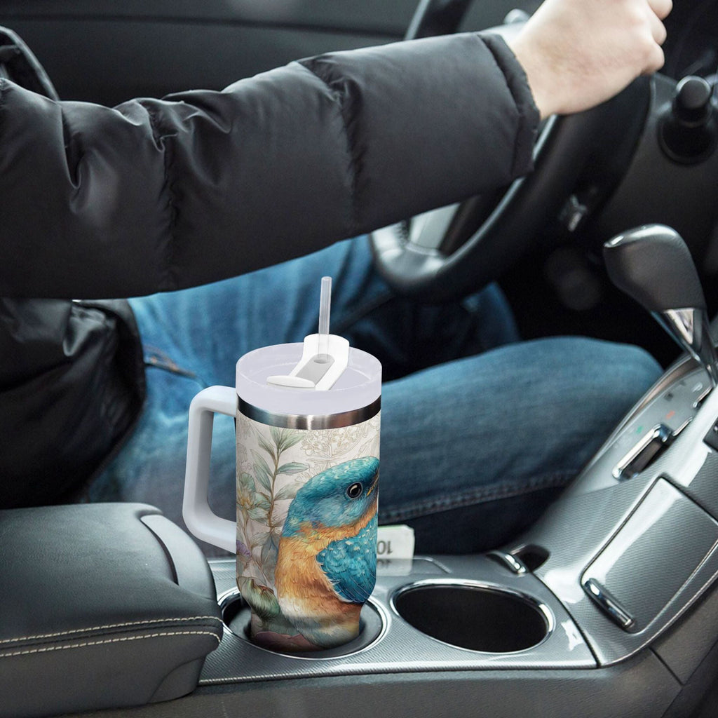 30 oz Insulated Stainless Steel Tumbler Double Wall Stainless Steel Tumbler with 2-Way Drinking Bluebird and Flower ARC5