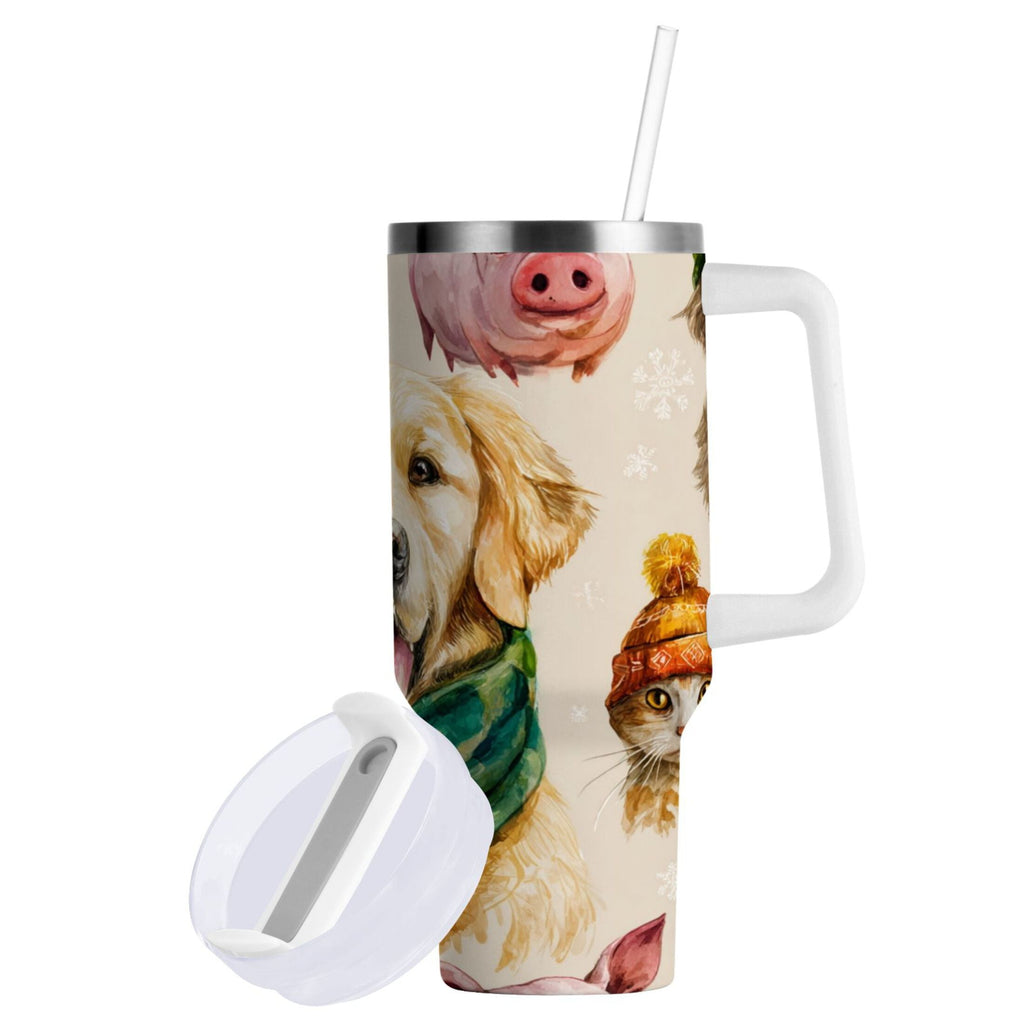 30 oz Insulated Stainless Steel Tumbler Double Wall Stainless Steel Tumbler with 2-Way Drinking Watercolor Animals Pattern 0P8L