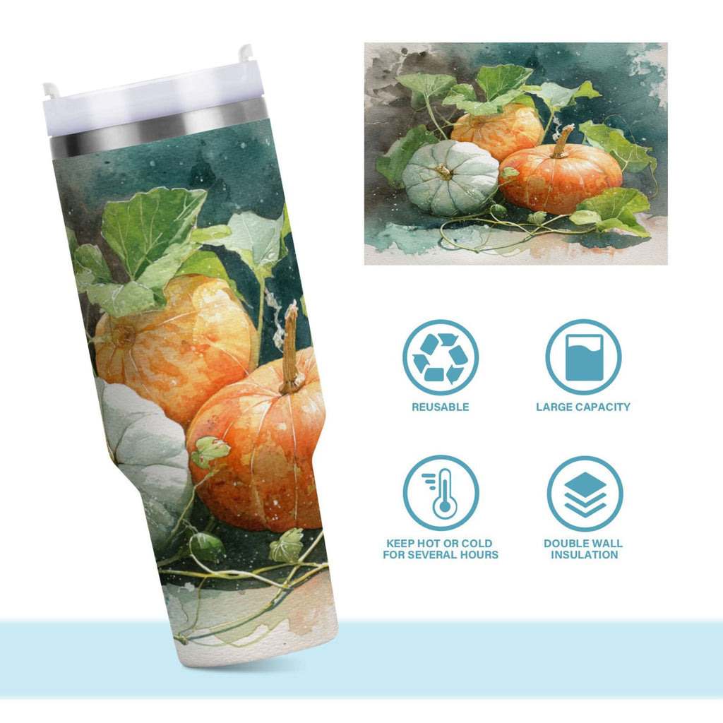 40 oz Insulated Stainless Steel Tumbler Double Wall Stainless Steel Tumbler with 2-Way Drinking Orange and White Pumpkins WLK9
