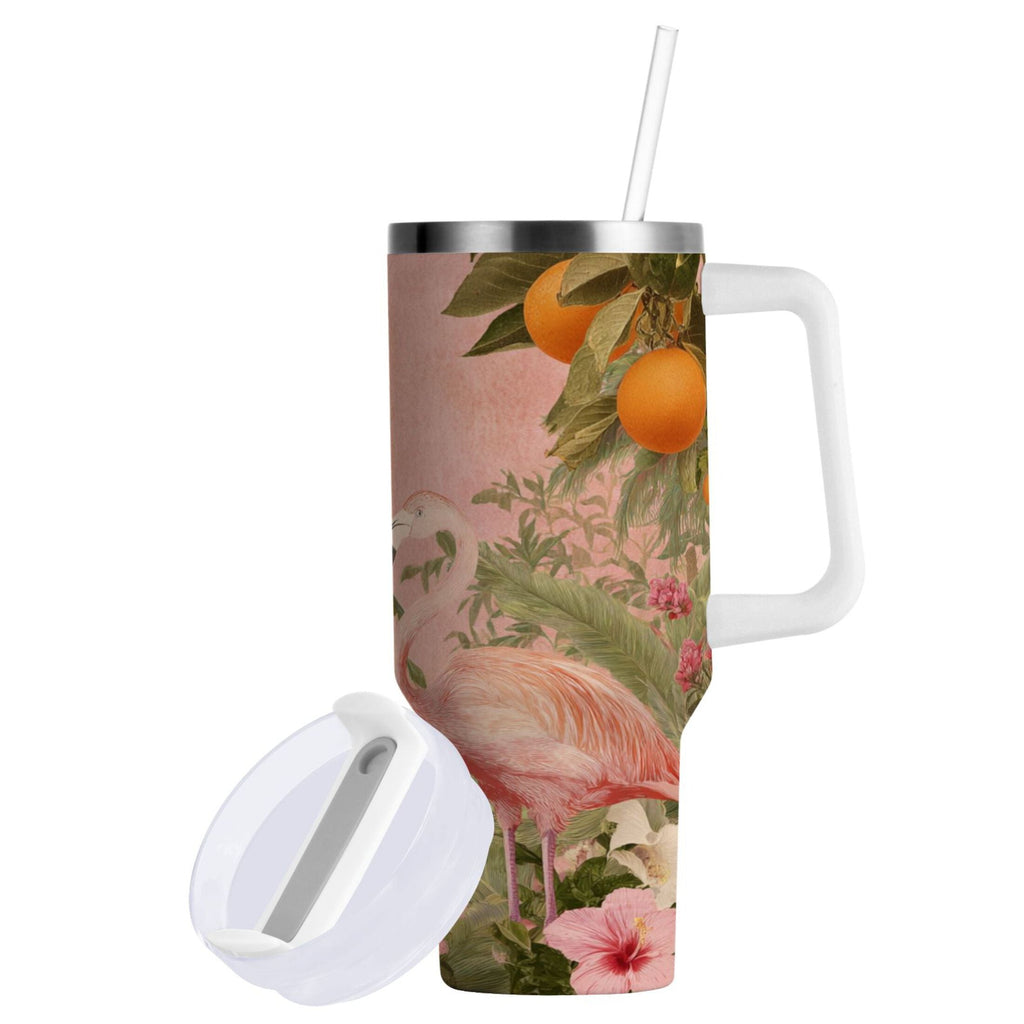 40 oz Insulated Stainless Steel Tumbler Double Wall Stainless Steel Tumbler with 2-Way Drinking Flamingos in Tropical Garden EDBC